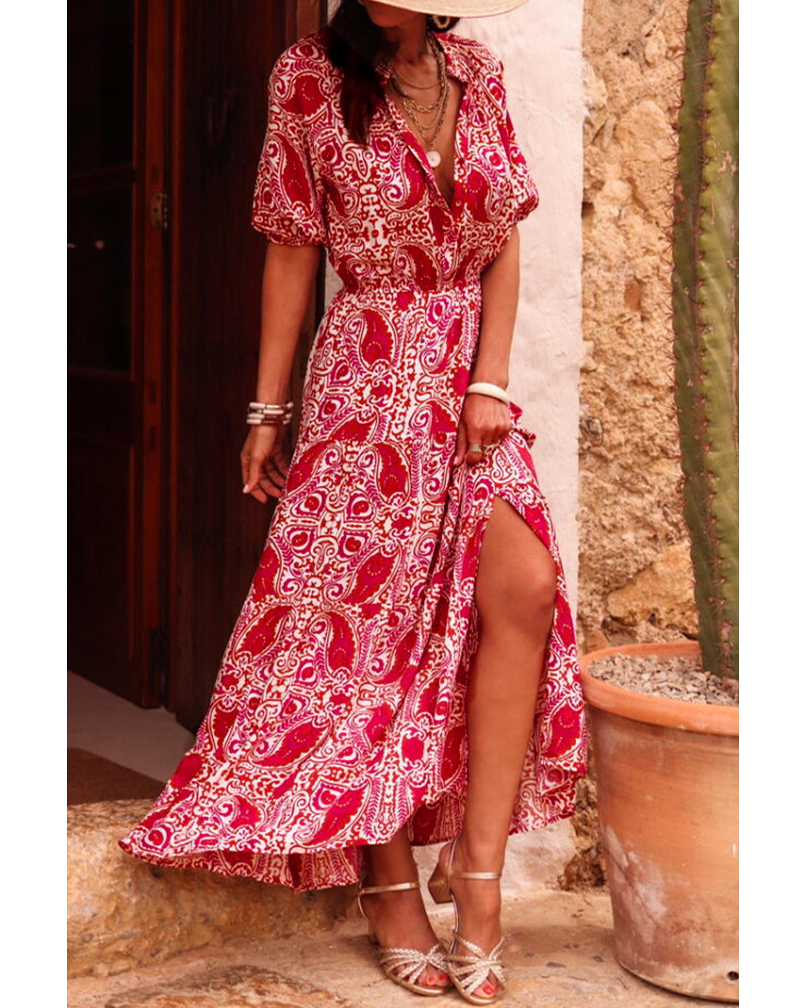 Red Paisley Print Side Slit Puff Sleeve High Waist Maxi Dress - M