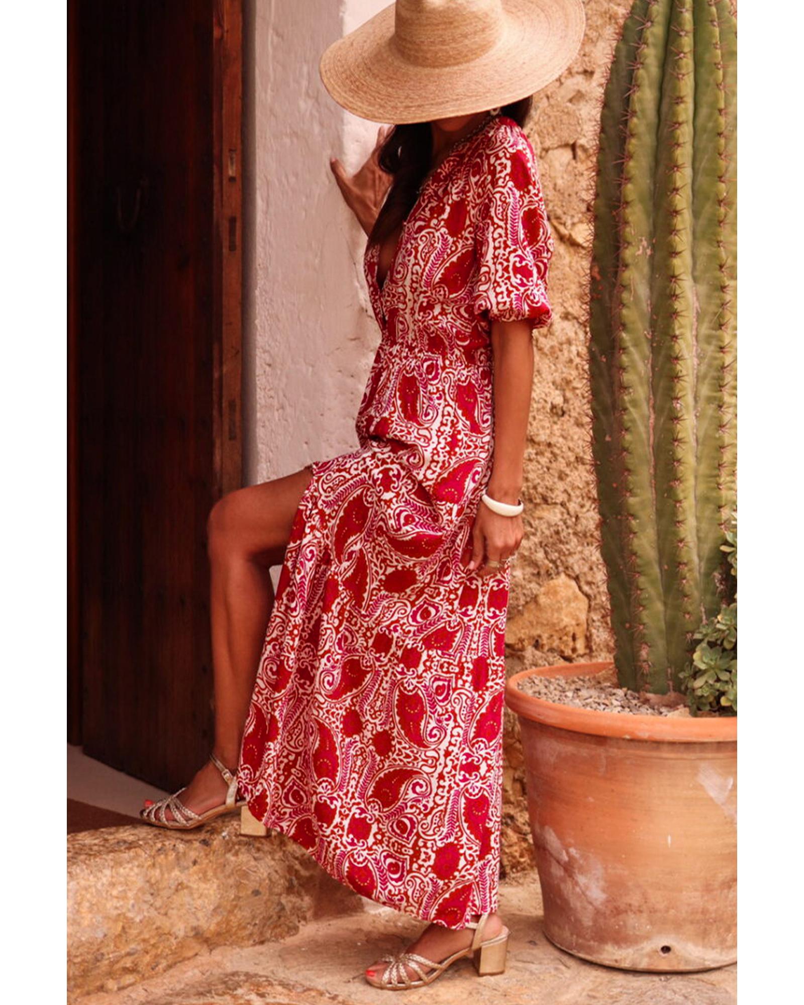 Red Paisley Print Side Slit Puff Sleeve High Waist Maxi Dress - M 3