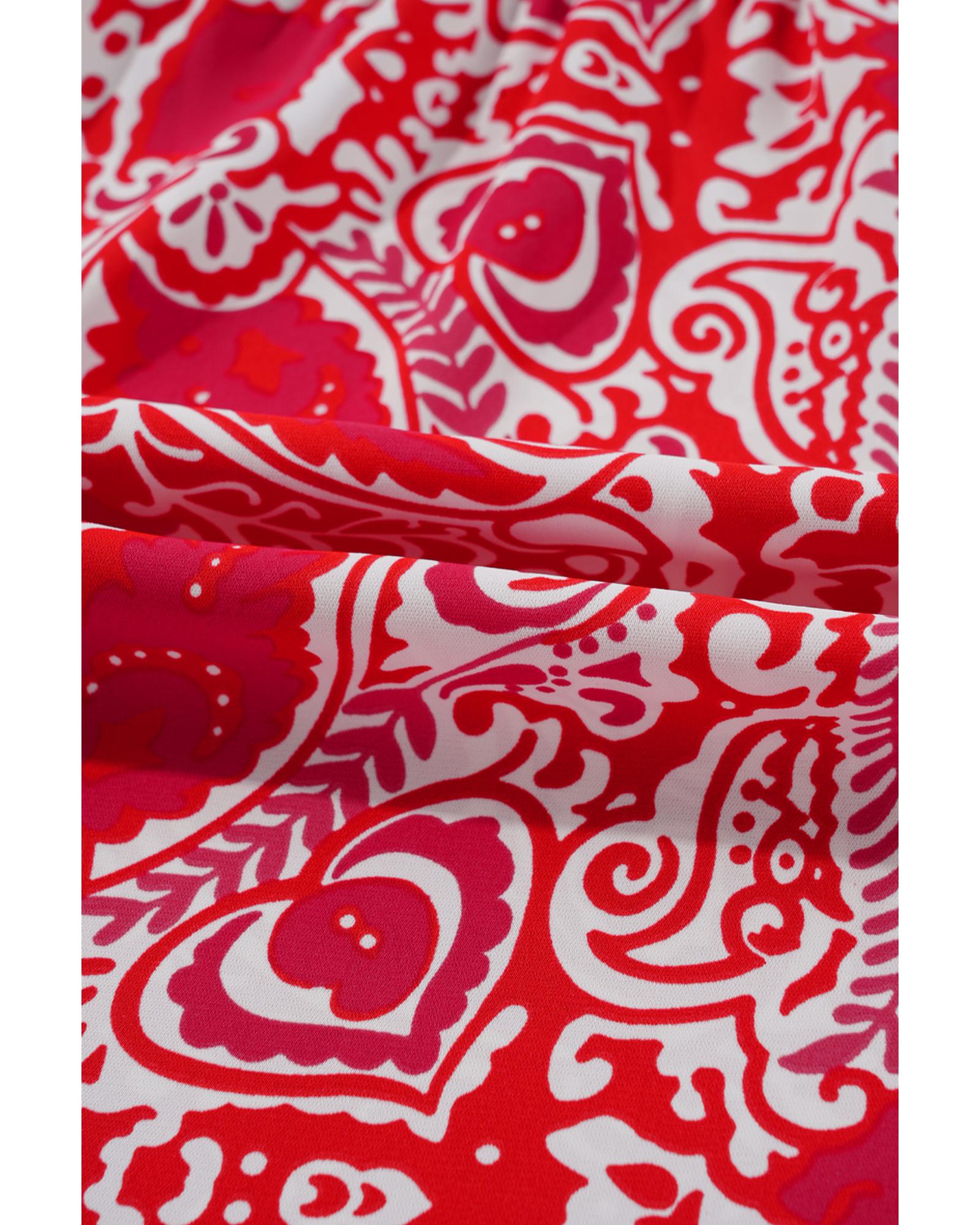 Red Paisley Print Side Slit Puff Sleeve High Waist Maxi Dress - M 7