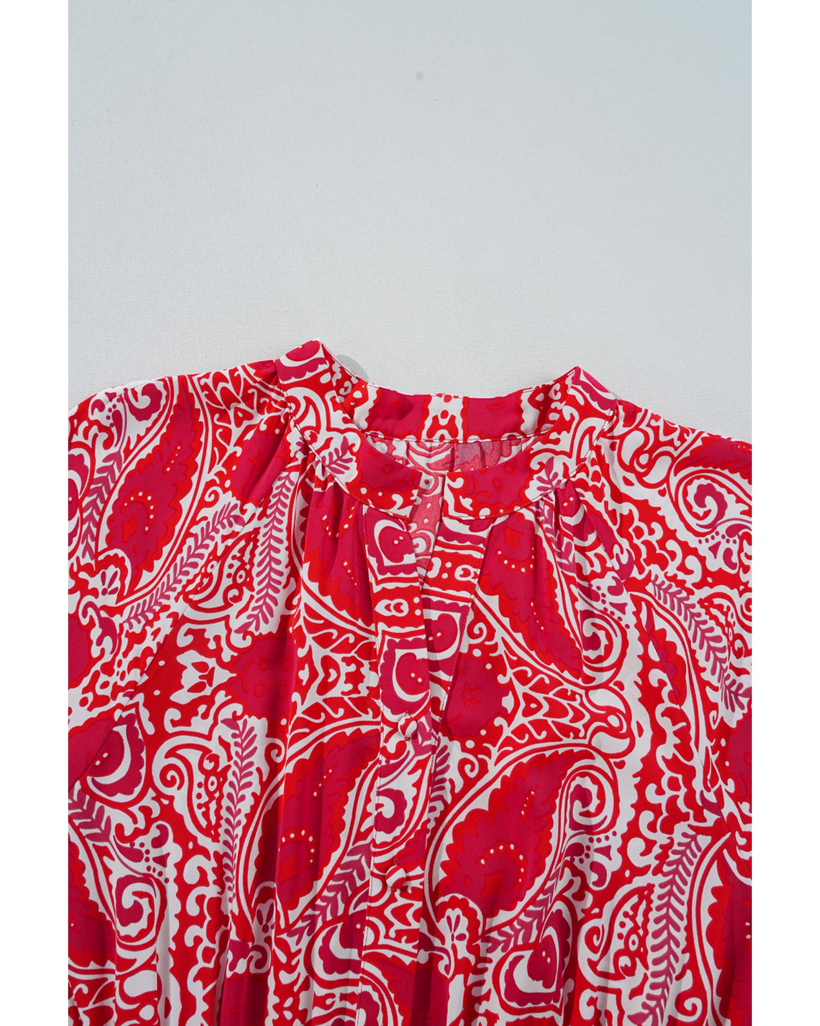 Red Paisley Print Side Slit Puff Sleeve High Waist Maxi Dress - S 6