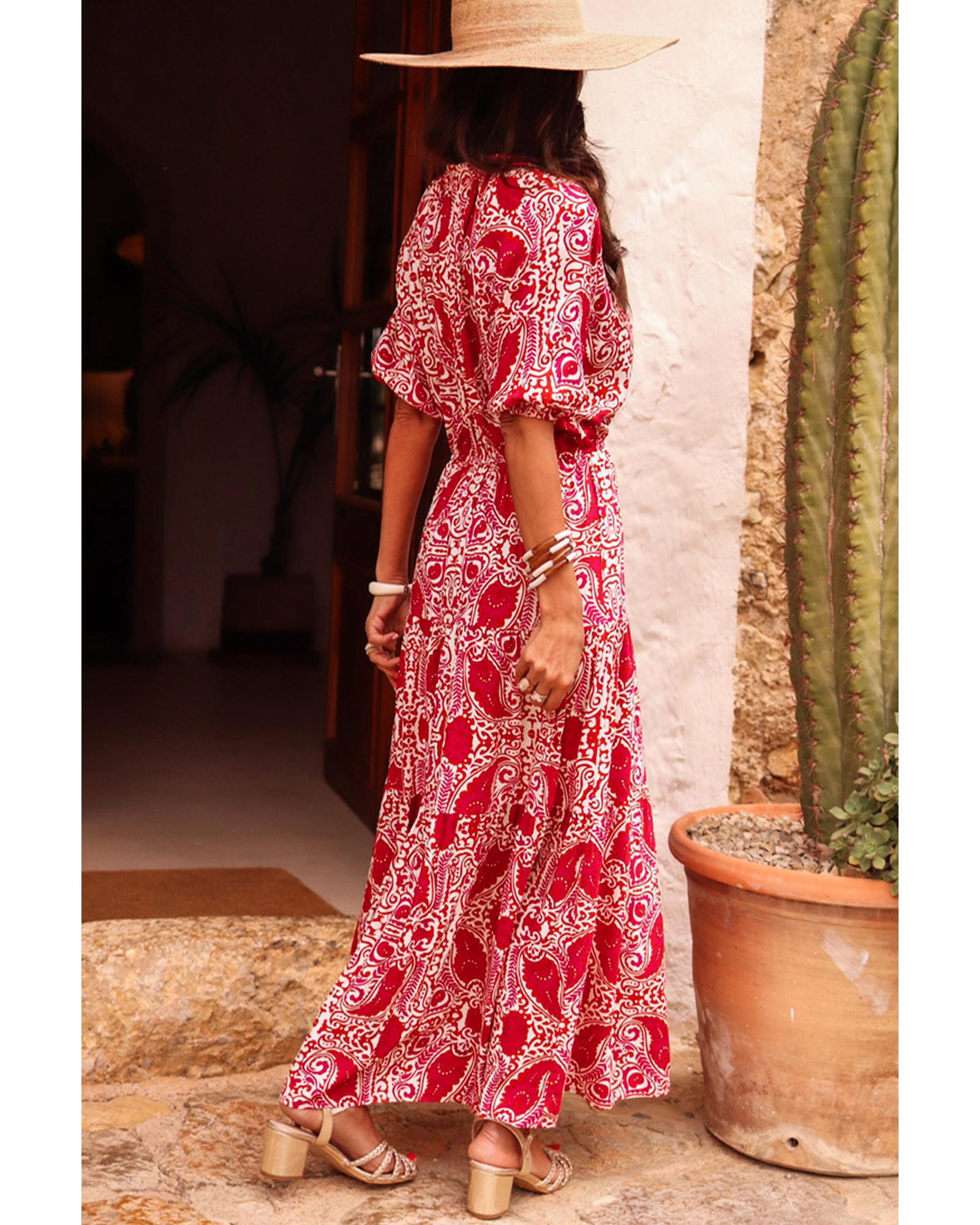 Red Paisley Print Side Slit Puff Sleeve High Waist Maxi Dress - S 4