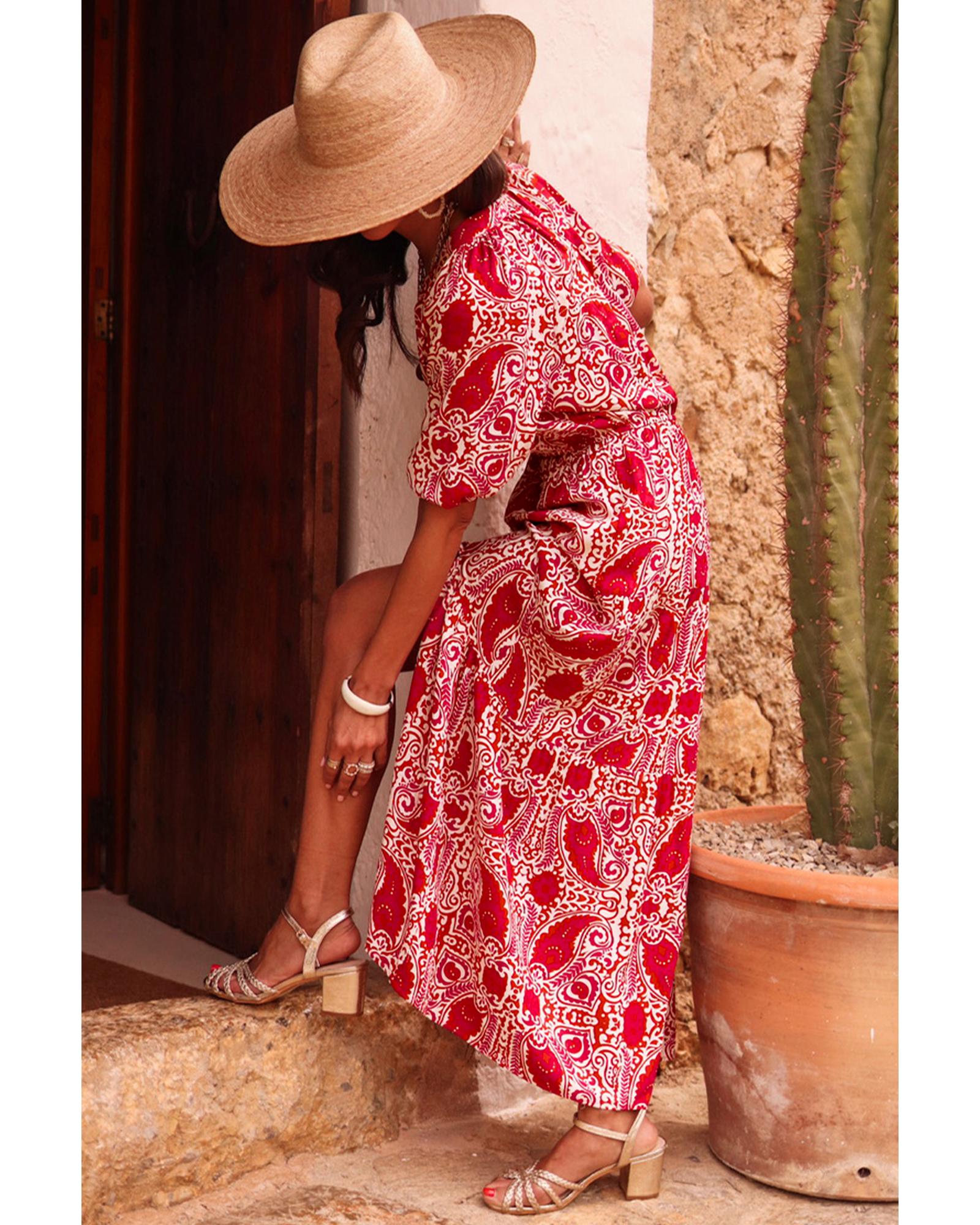 Red Paisley Print Side Slit Puff Sleeve High Waist Maxi Dress - XL