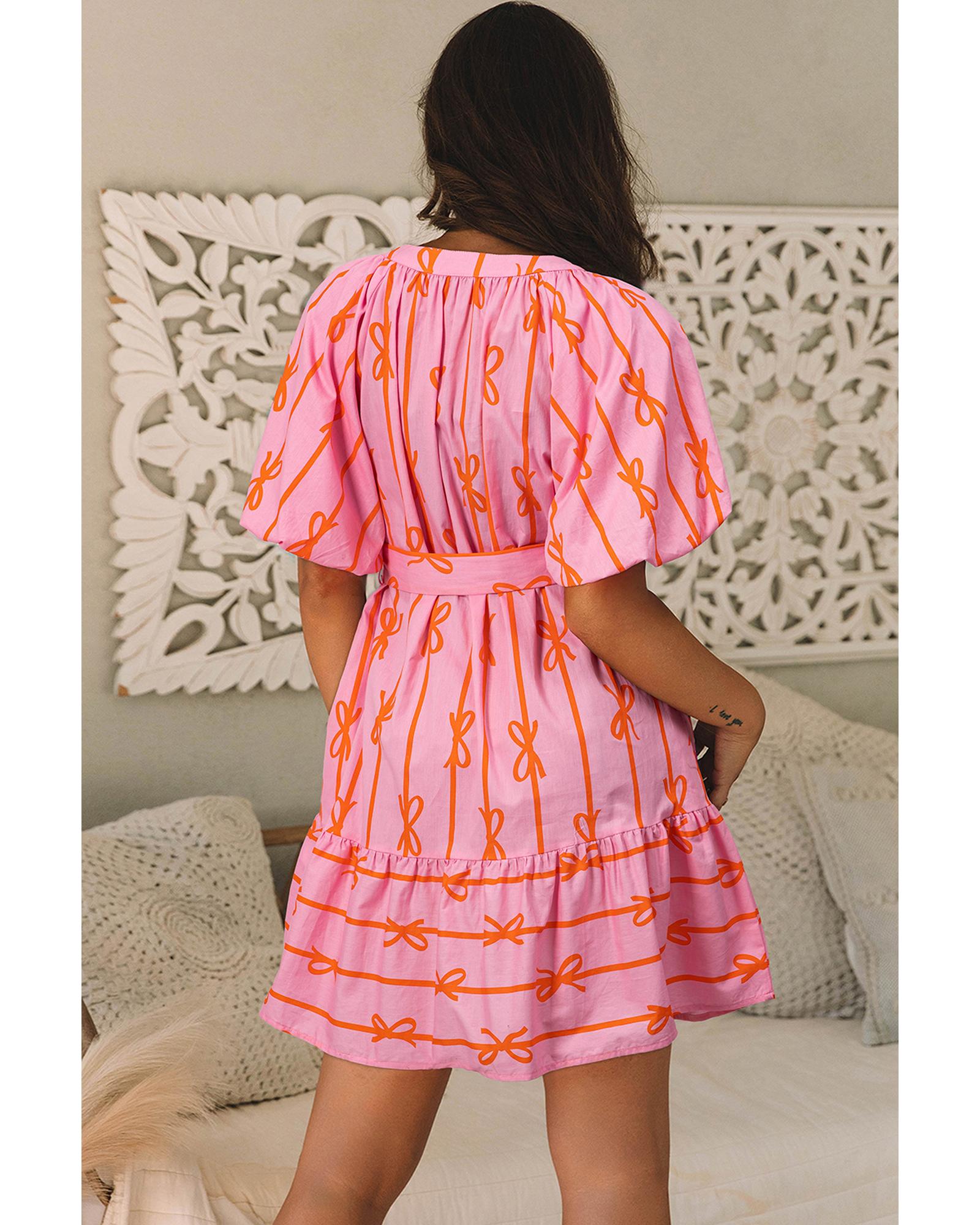 Pink Bowknot Striped Printed Bubble Sleeve Buttoned Belted Mini Dress - L 6