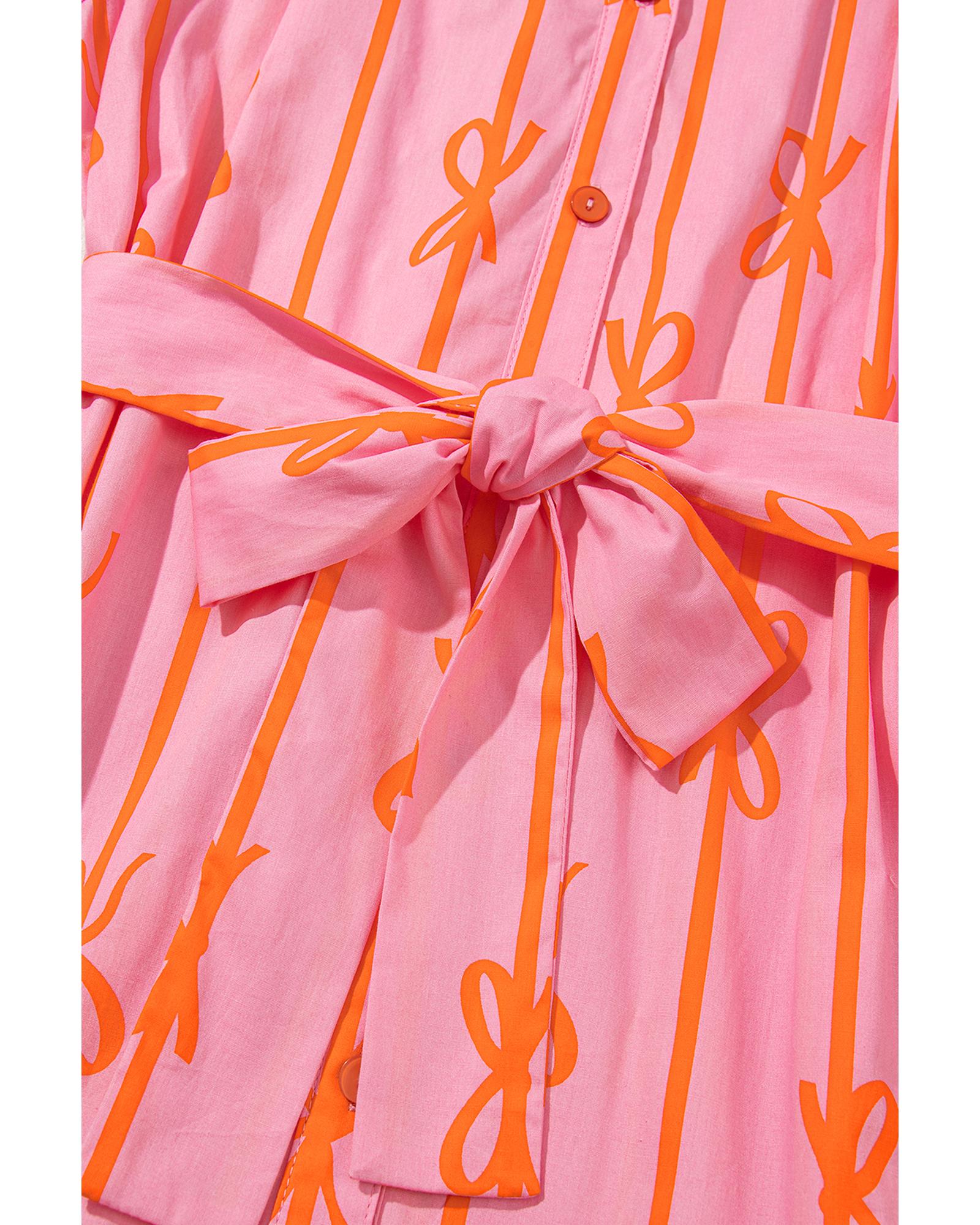Pink Bowknot Striped Printed Bubble Sleeve Buttoned Belted Mini Dress - L 7