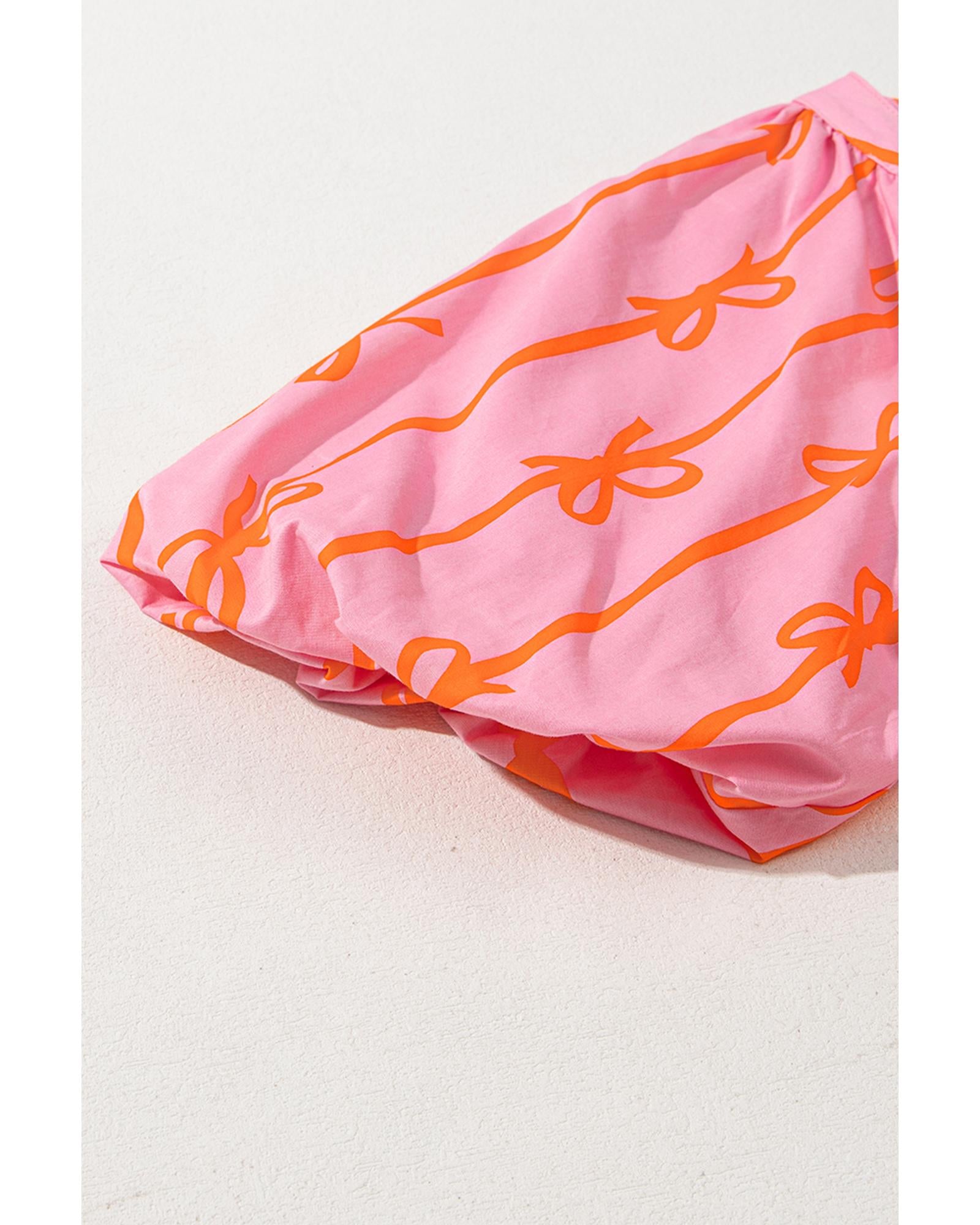 Pink Bowknot Striped Printed Bubble Sleeve Buttoned Belted Mini Dress - M 4