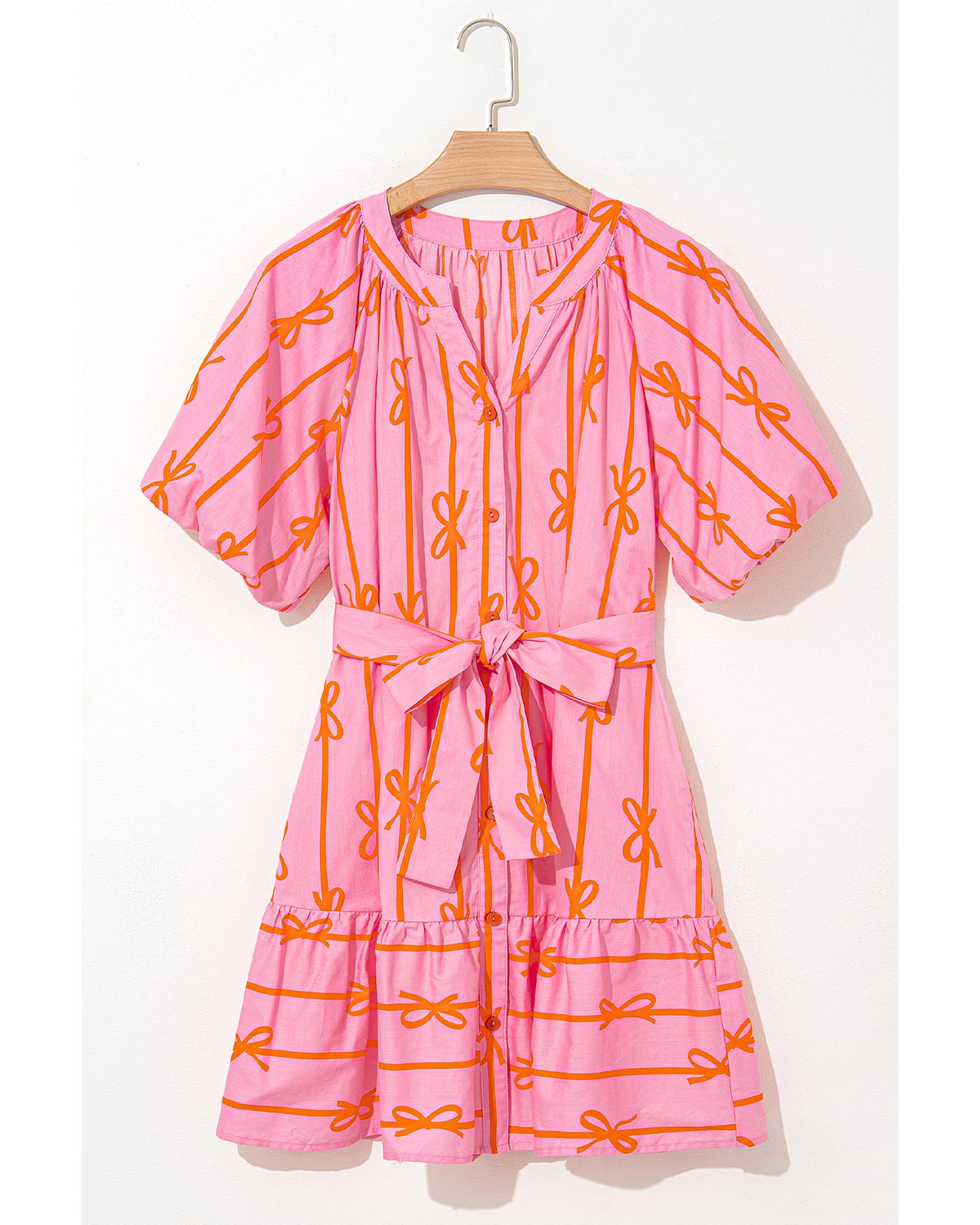 Pink Bowknot Striped Printed Bubble Sleeve Buttoned Belted Mini Dress - S 8