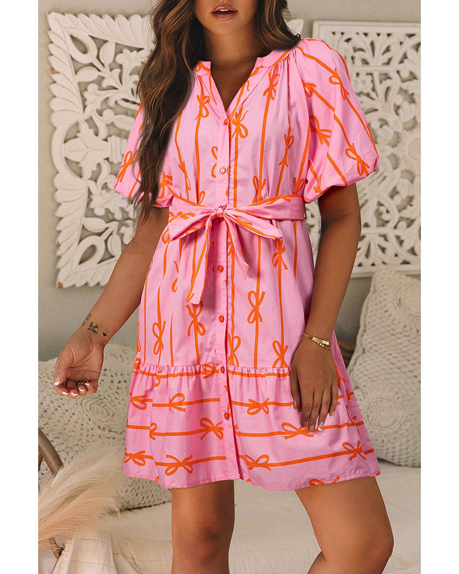 Pink Bowknot Striped Printed Bubble Sleeve Buttoned Belted Mini Dress - XL