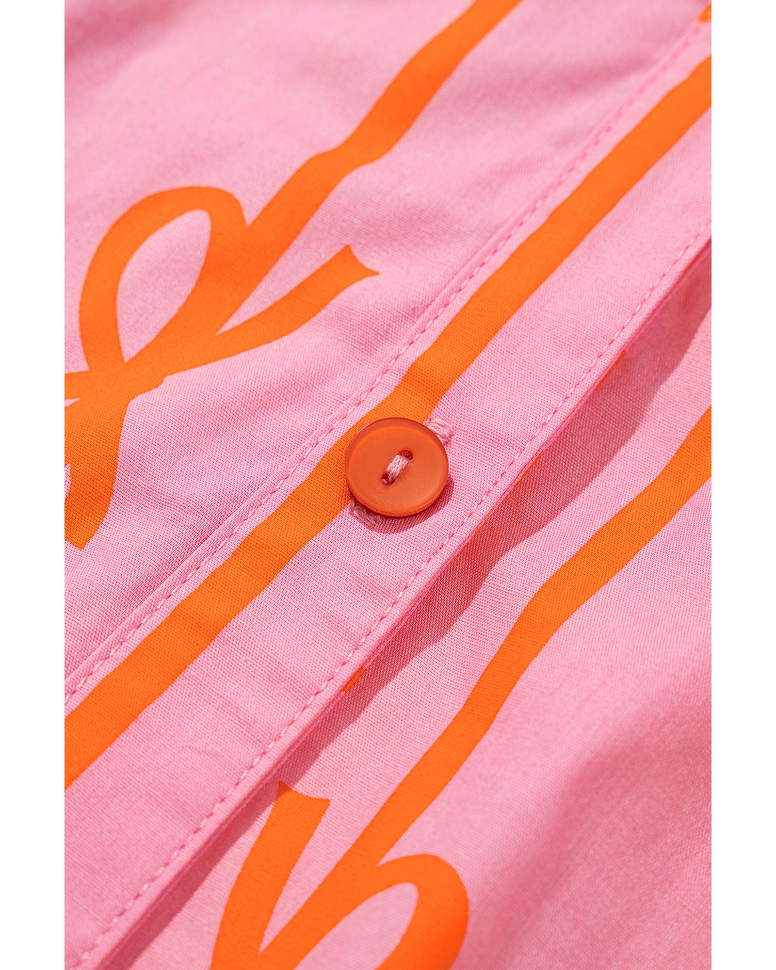 Pink Bowknot Striped Printed Bubble Sleeve Buttoned Belted Mini Dress - XL 3