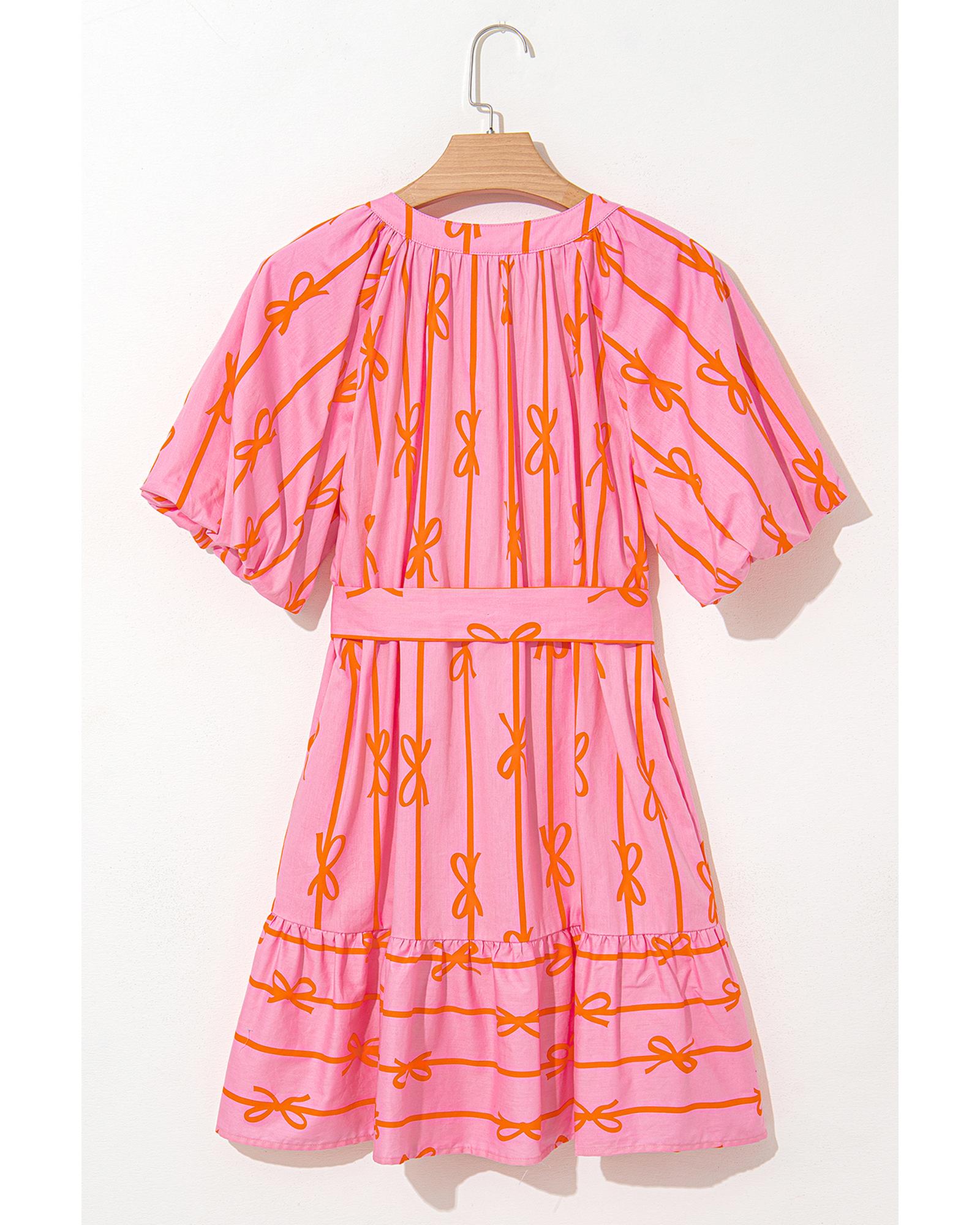 Pink Bowknot Striped Printed Bubble Sleeve Buttoned Belted Mini Dress - XL 5