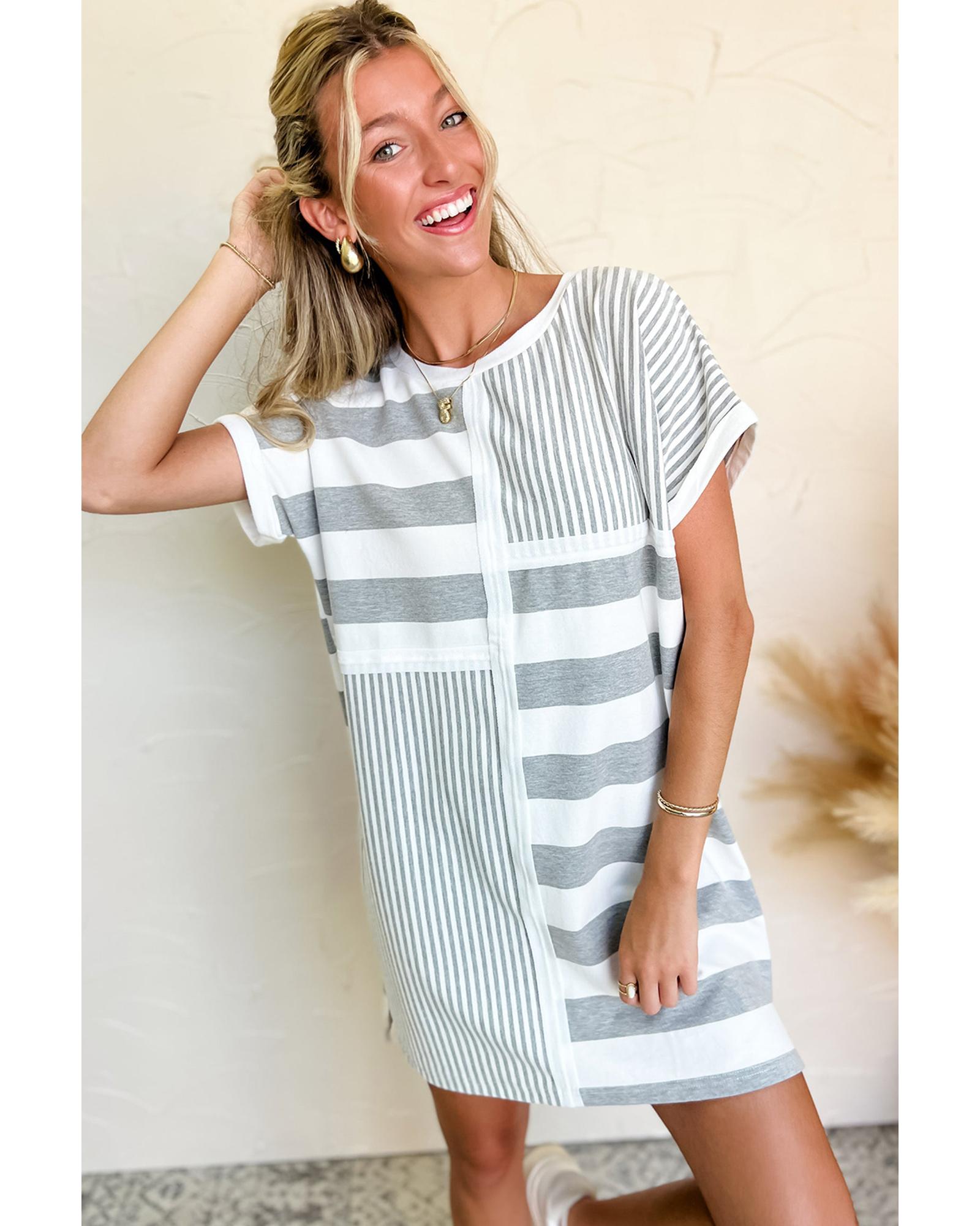 Azura Exchange Gray Stripe Mixed Printed Short Sleeve Shift Mini T Shirt Dress - L 8