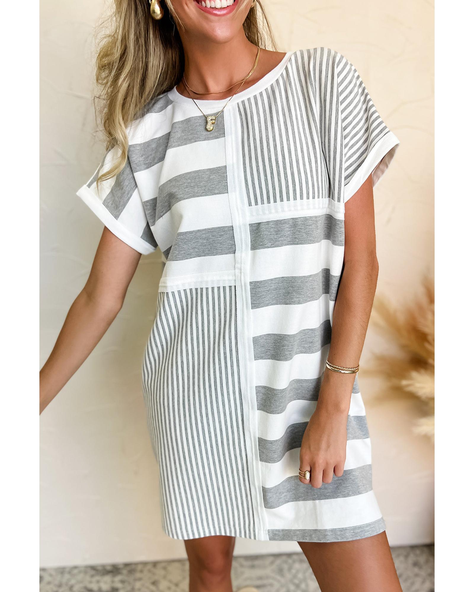 Azura Exchange Gray Stripe Mixed Printed Short Sleeve Shift Mini T Shirt Dress - M 4