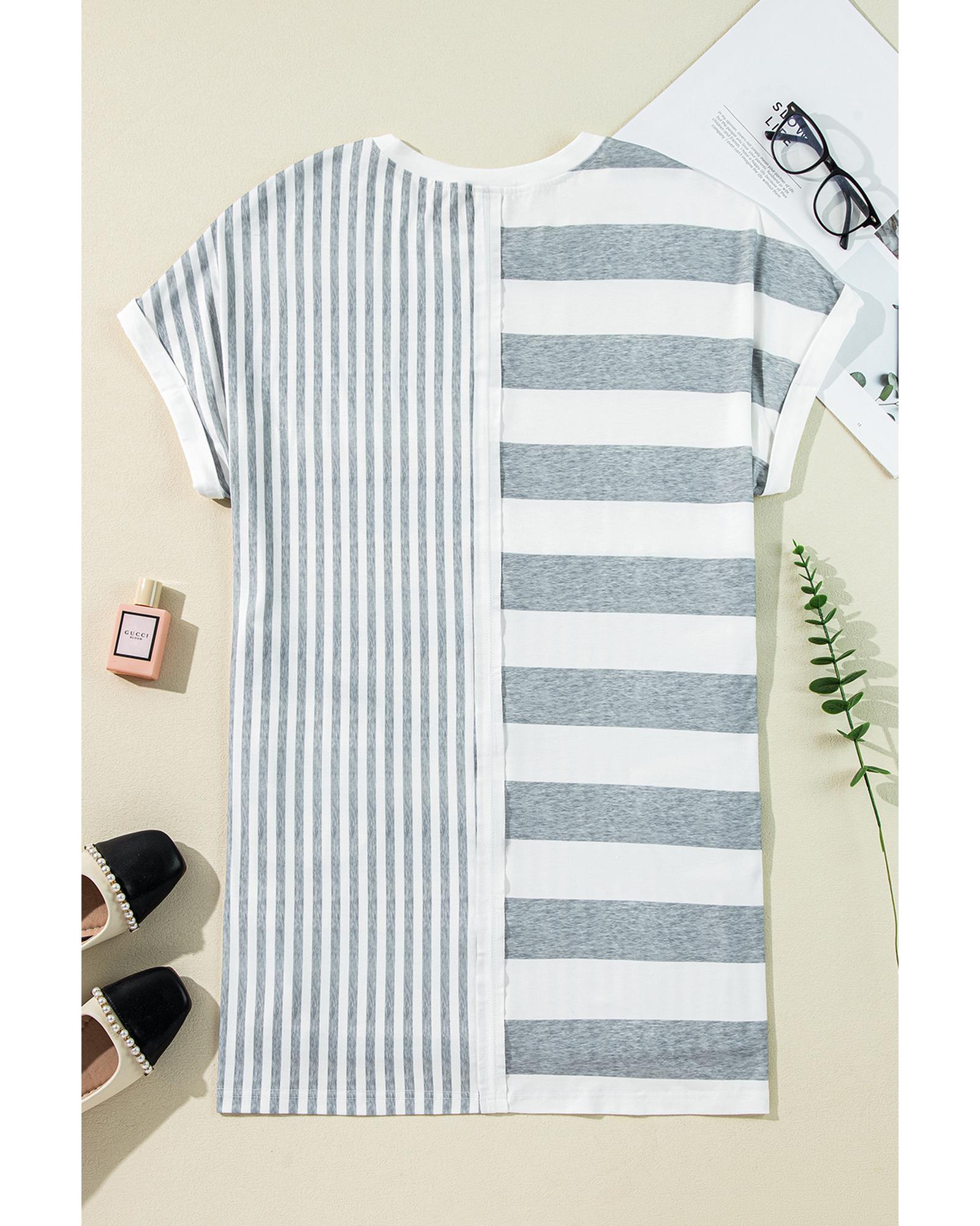 Azura Exchange Gray Stripe Mixed Printed Short Sleeve Shift Mini T Shirt Dress - M 5