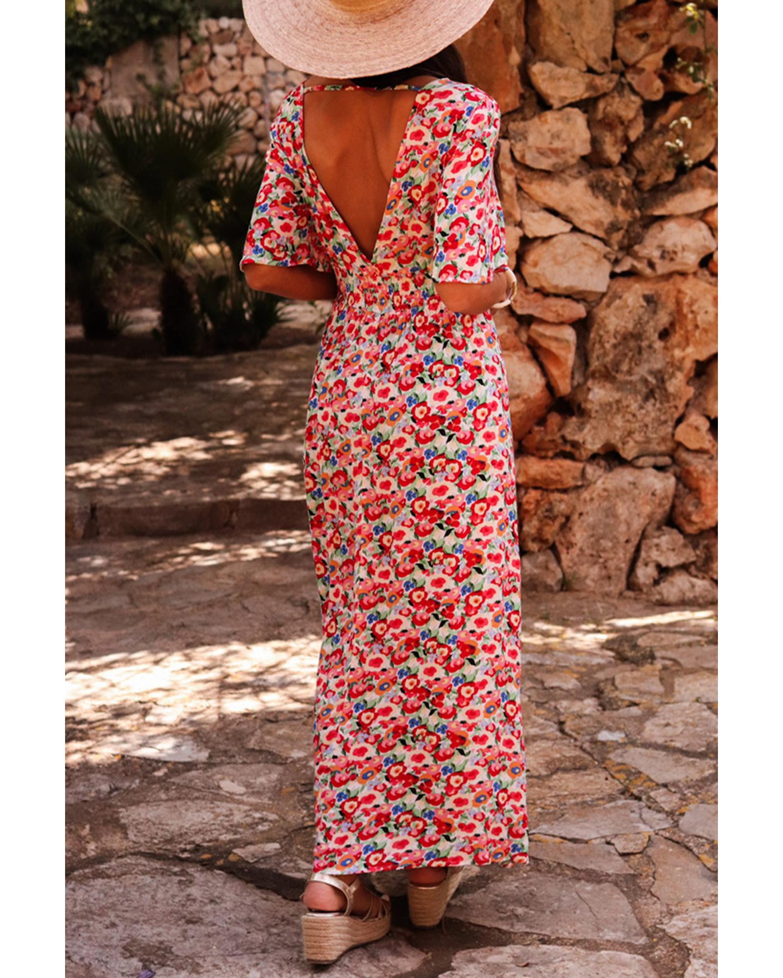 Red Floral Half Sleeve Deep V Neck Cutout Back Split Maxi Dress - L