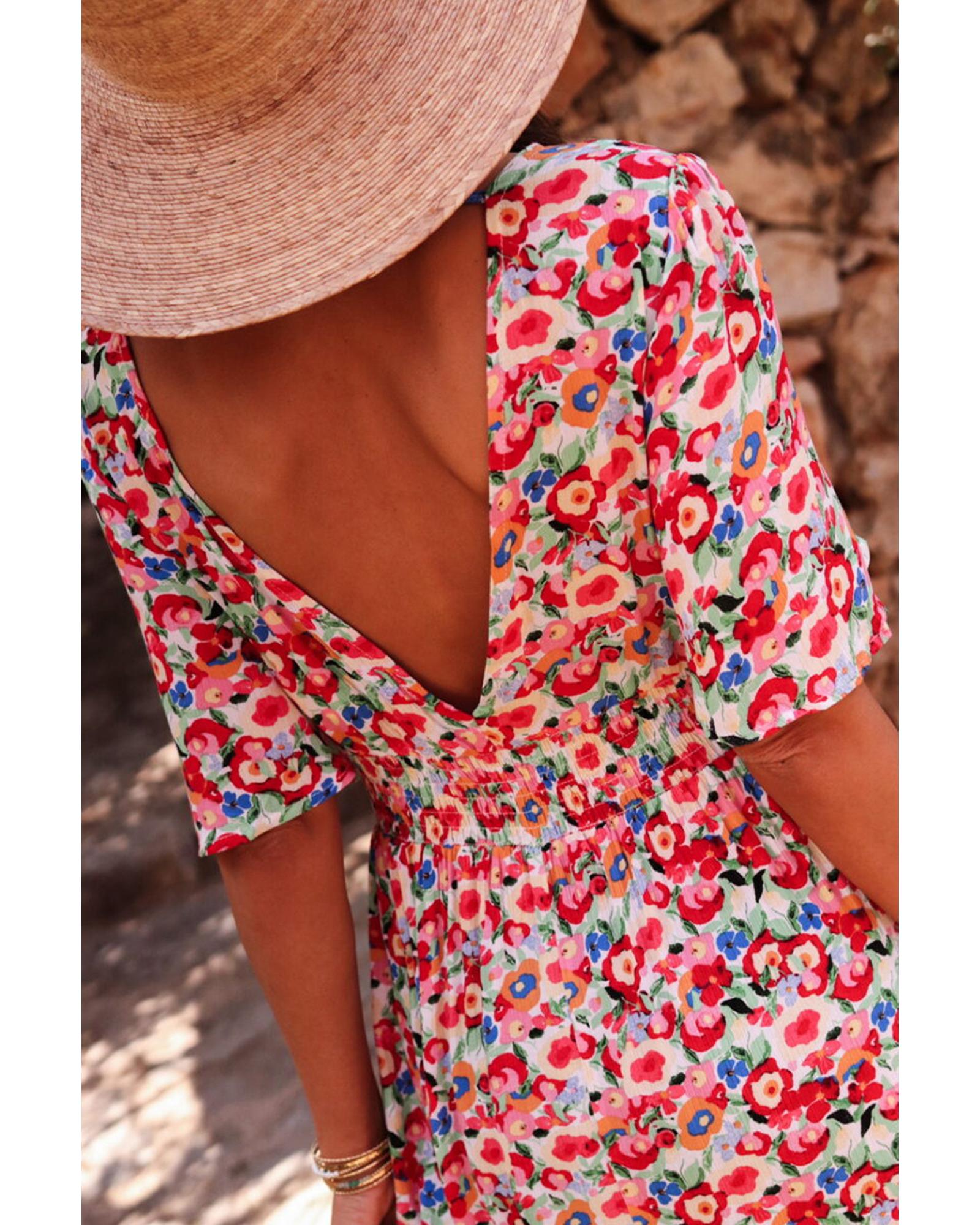 Red Floral Half Sleeve Deep V Neck Cutout Back Split Maxi Dress - L 6