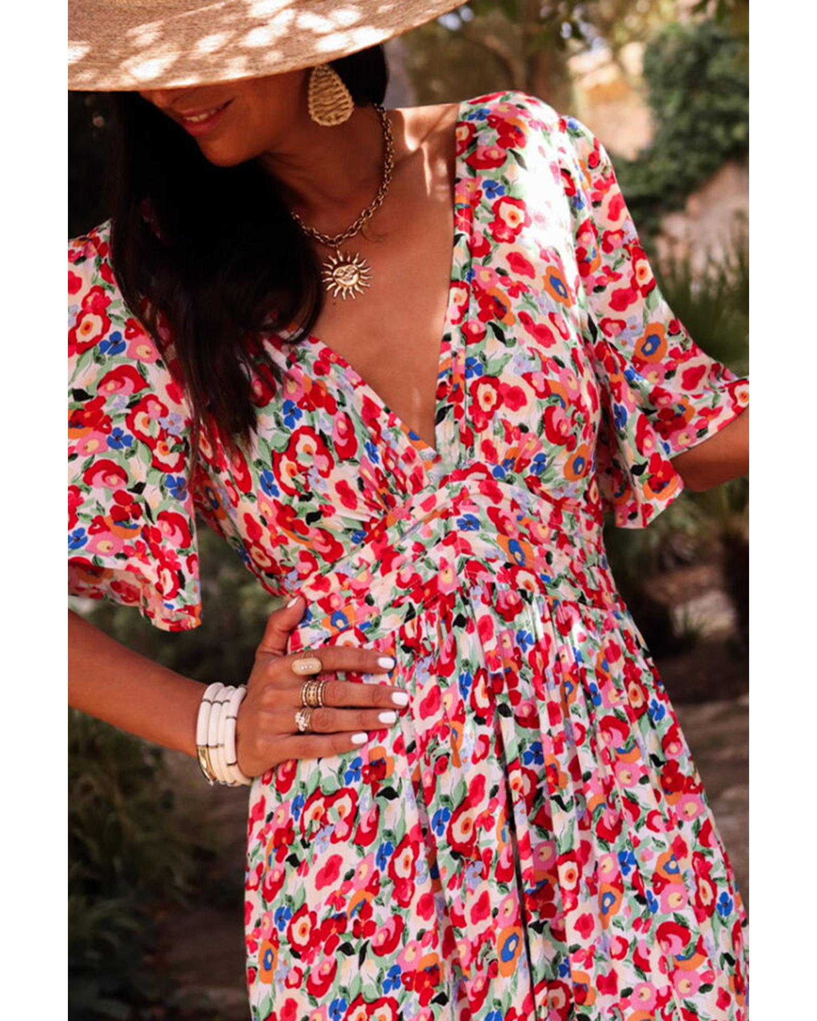 Red Floral Half Sleeve Deep V Neck Cutout Back Split Maxi Dress - M 5