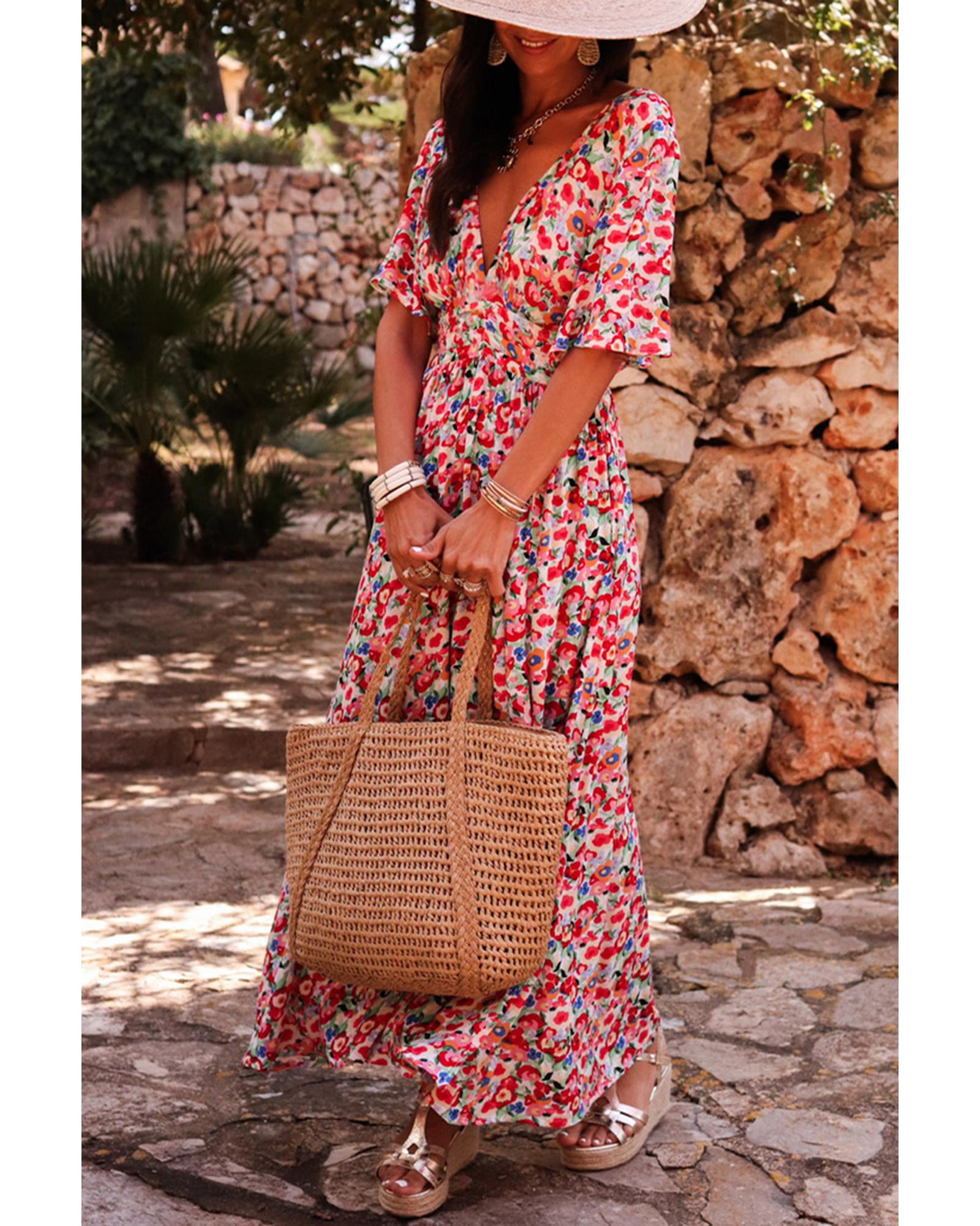 Red Floral Half Sleeve Deep V Neck Cutout Back Split Maxi Dress - S 4