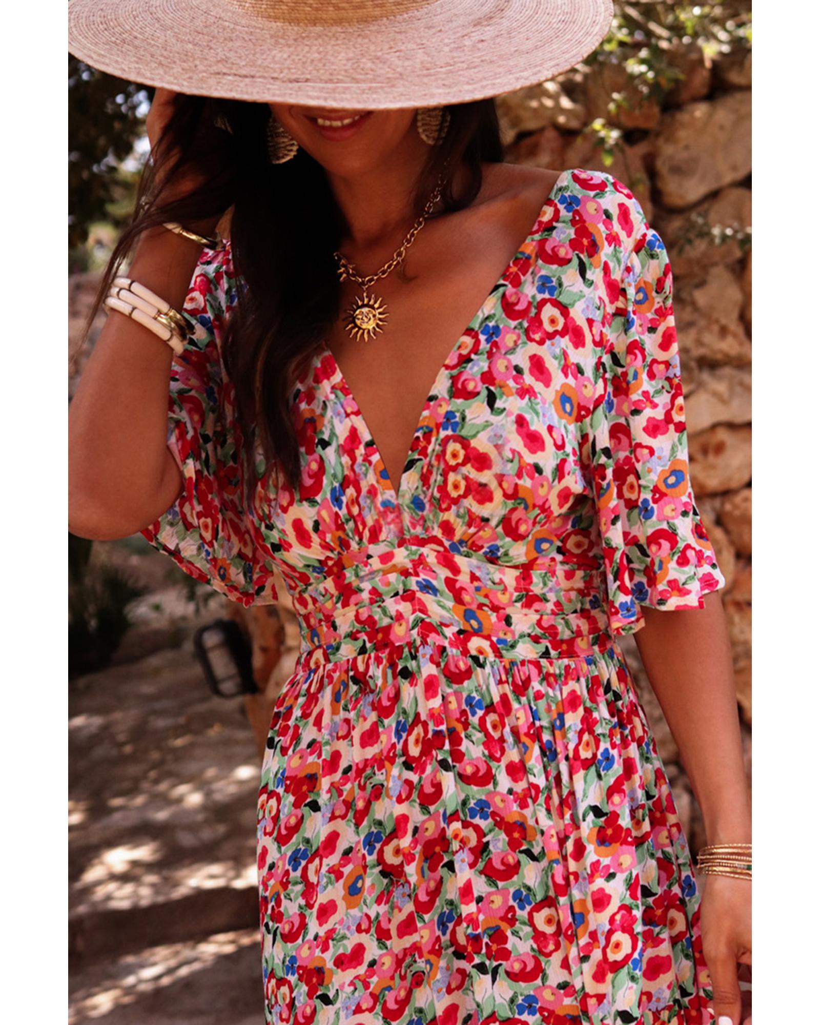 Red Floral Half Sleeve Deep V Neck Cutout Back Split Maxi Dress - S 7