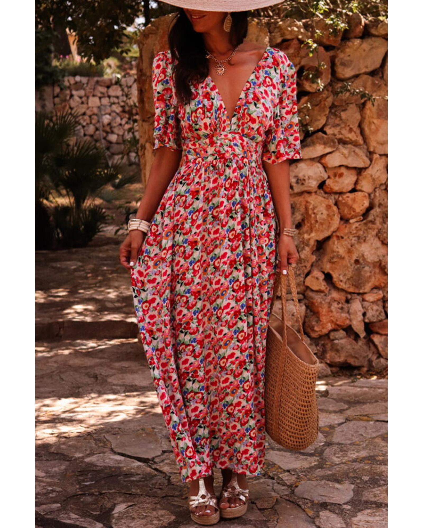 Red Floral Half Sleeve Deep V Neck Cutout Back Split Maxi Dress - XL 3