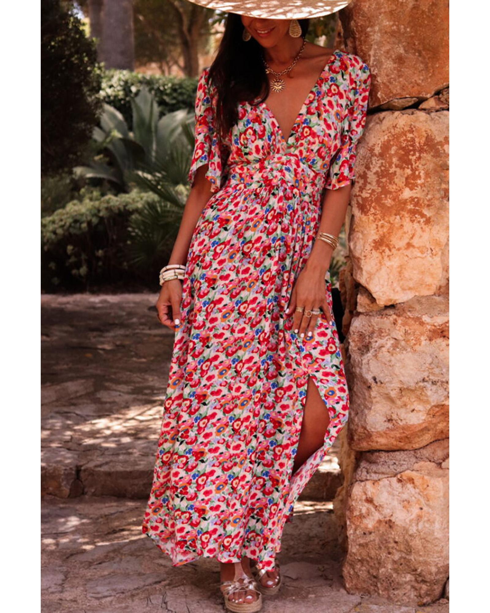 Red Floral Half Sleeve Deep V Neck Cutout Back Split Maxi Dress - XL 8