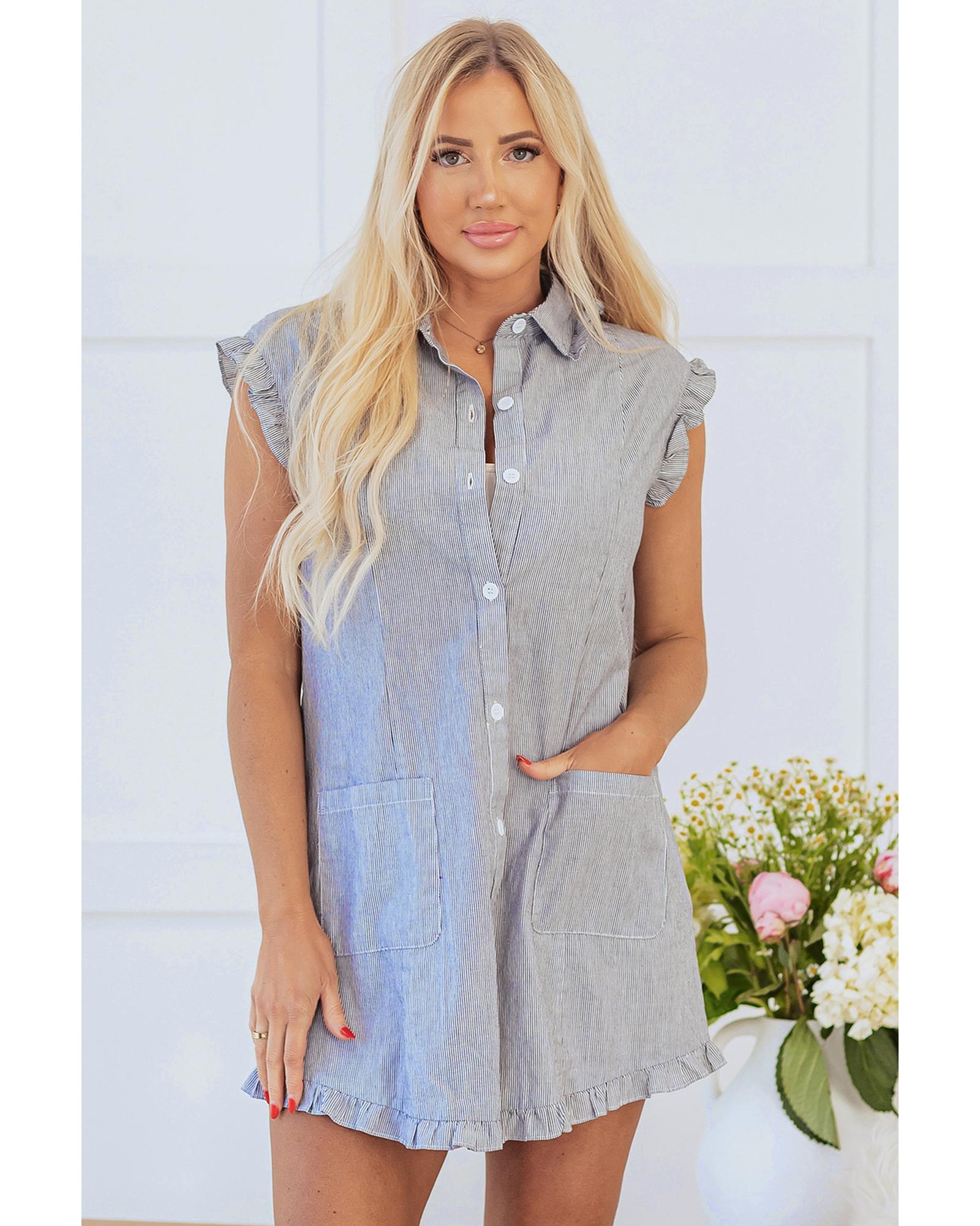 Blue Stripe Frilled Sleeveless Collar Front Pocket Button Up Mini Dress - L 5