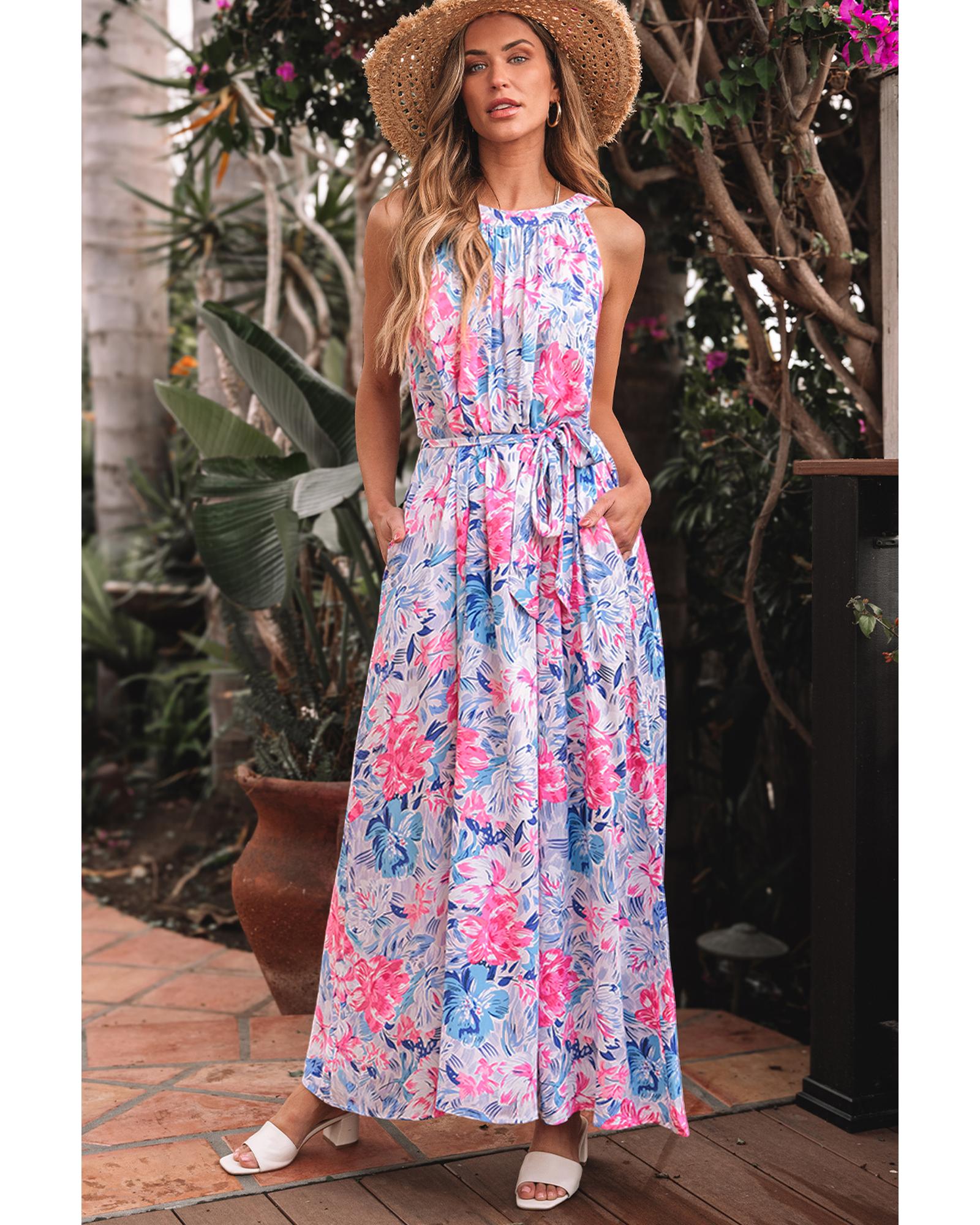 Sky Blue Floral Printed Sleeveless O Neck Knot Waist Maxi Dress - L