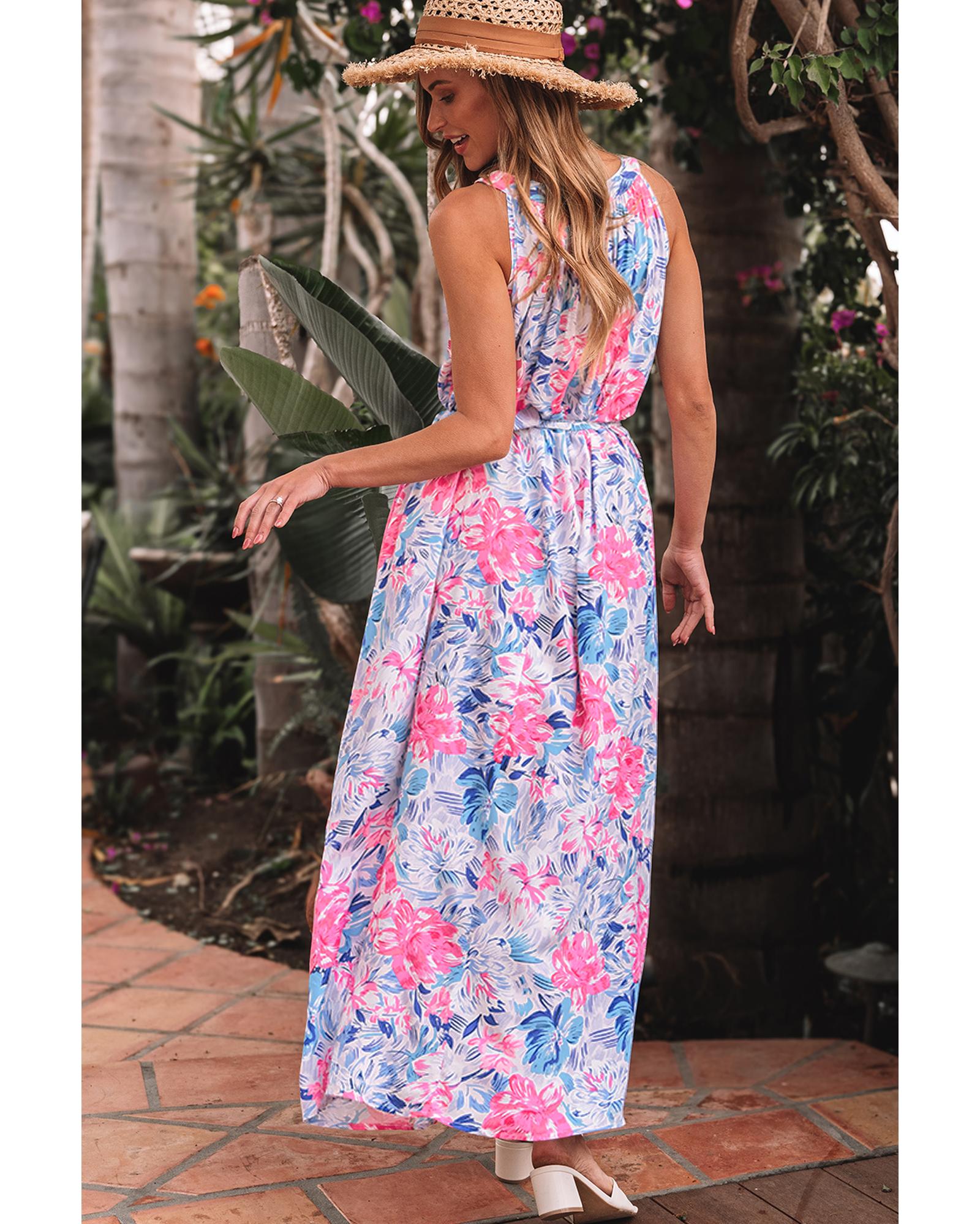 Sky Blue Floral Printed Sleeveless O Neck Knot Waist Maxi Dress - L