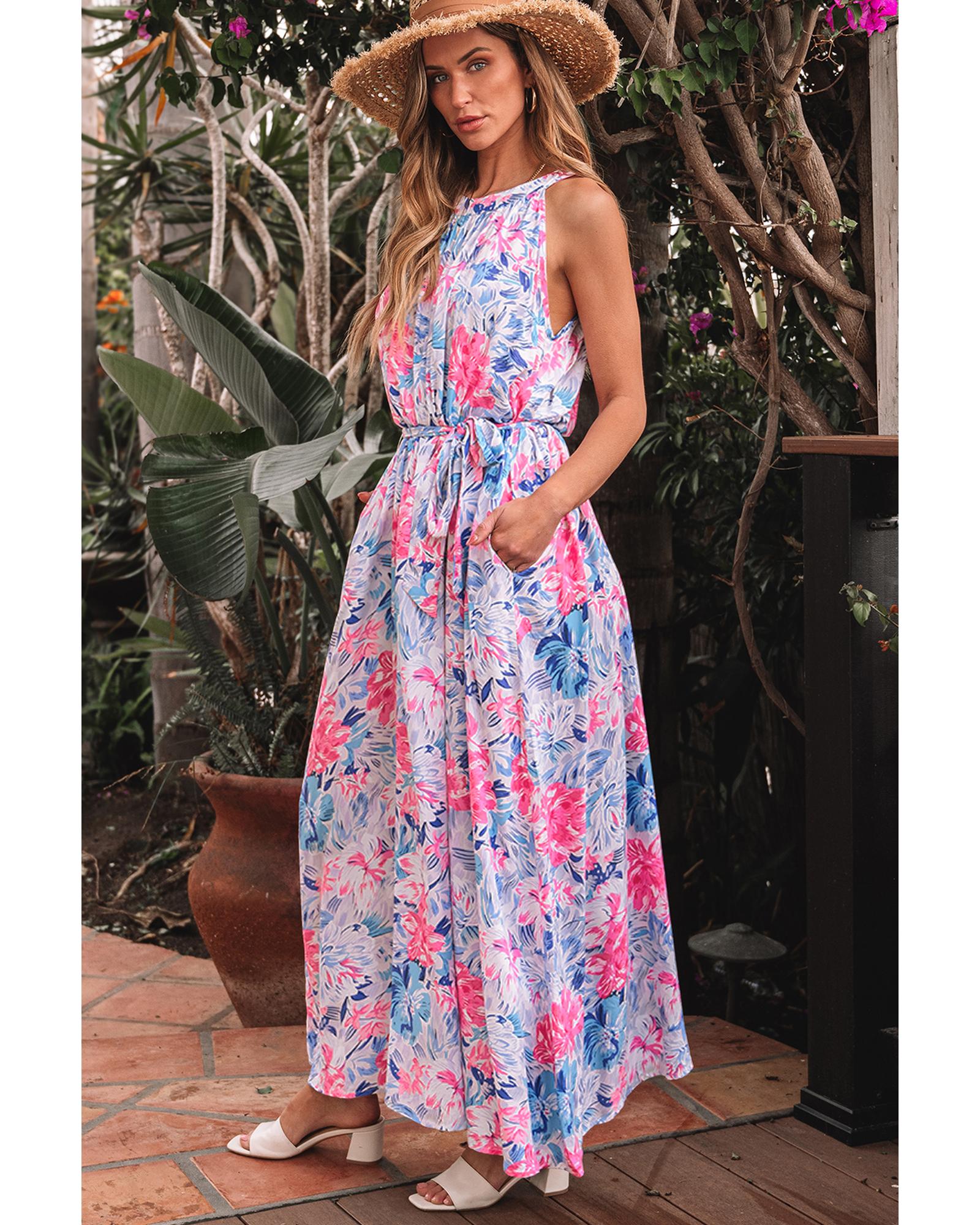 Sky Blue Floral Printed Sleeveless O Neck Knot Waist Maxi Dress - L 5