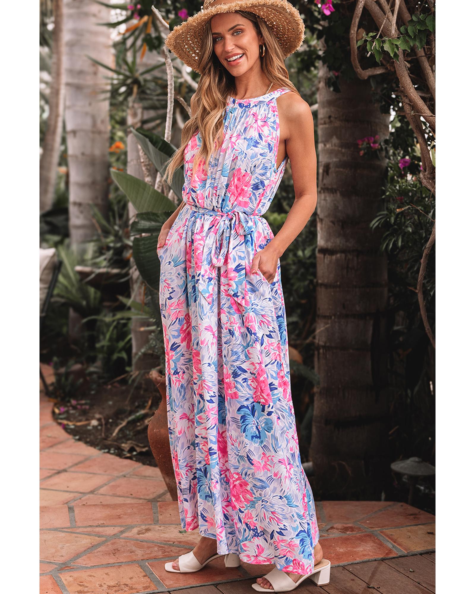 Sky Blue Floral Printed Sleeveless O Neck Knot Waist Maxi Dress - M 4