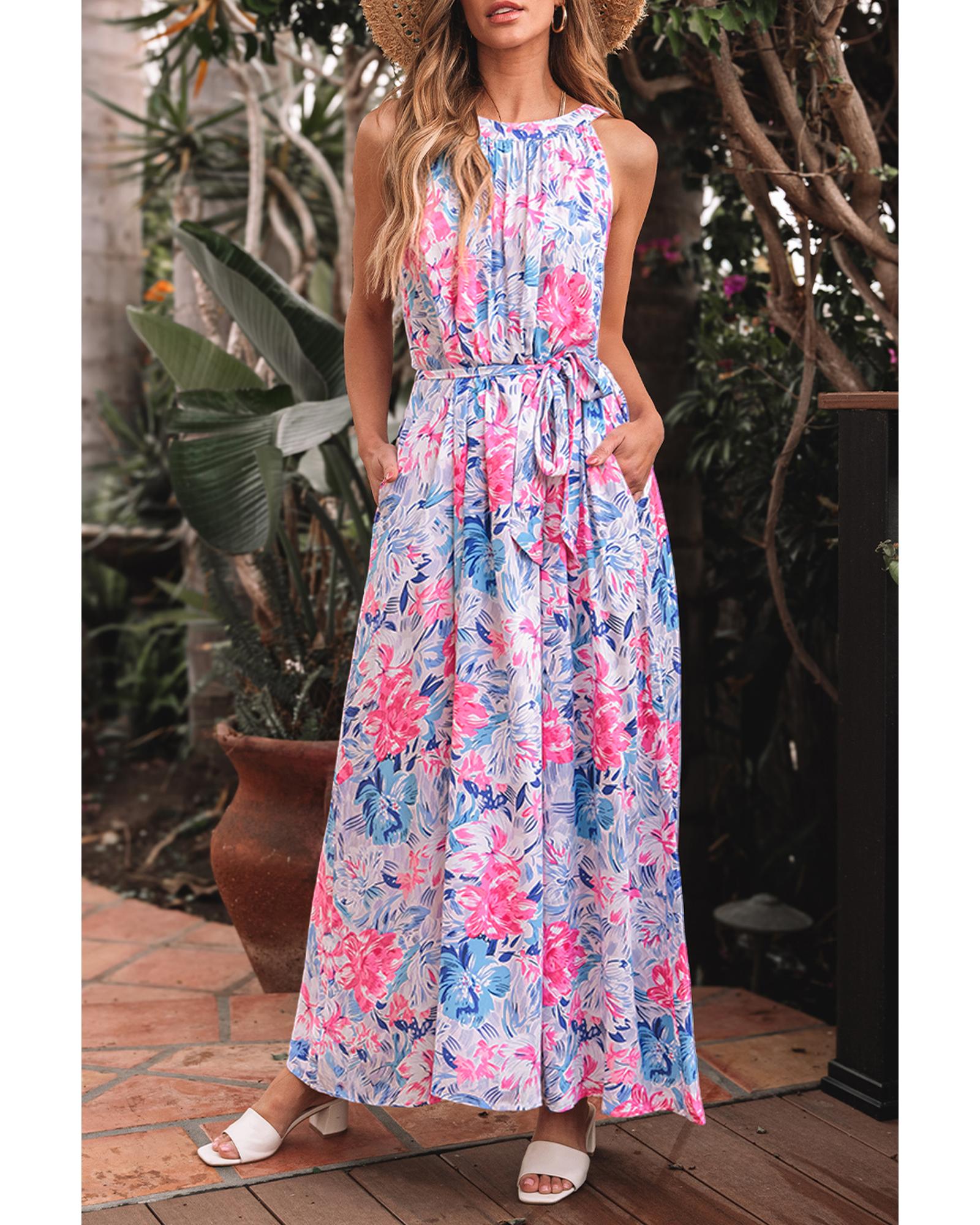 Sky Blue Floral Printed Sleeveless O Neck Knot Waist Maxi Dress - M 7