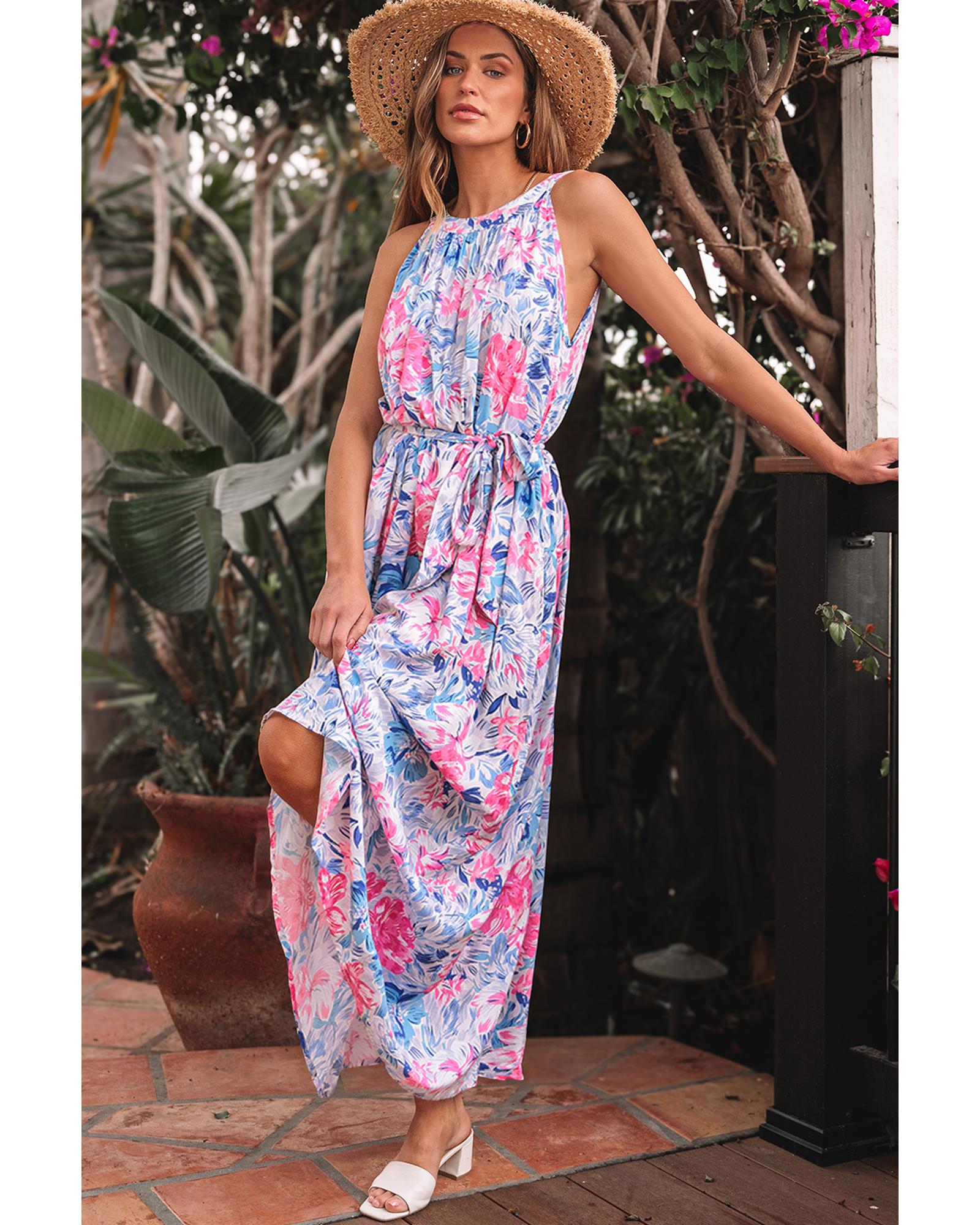 Sky Blue Floral Printed Sleeveless O Neck Knot Waist Maxi Dress - S 3
