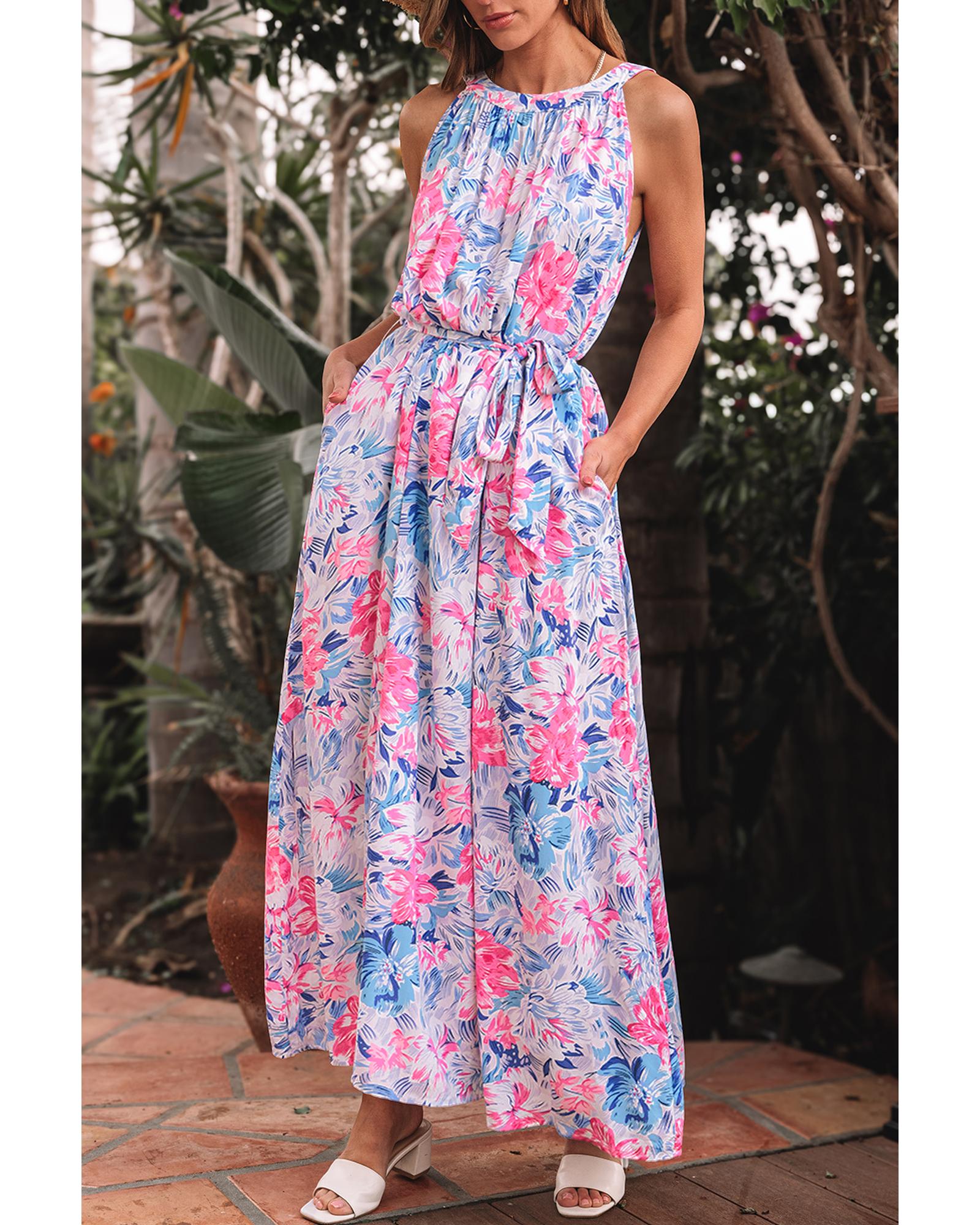 Sky Blue Floral Printed Sleeveless O Neck Knot Waist Maxi Dress - S 6
