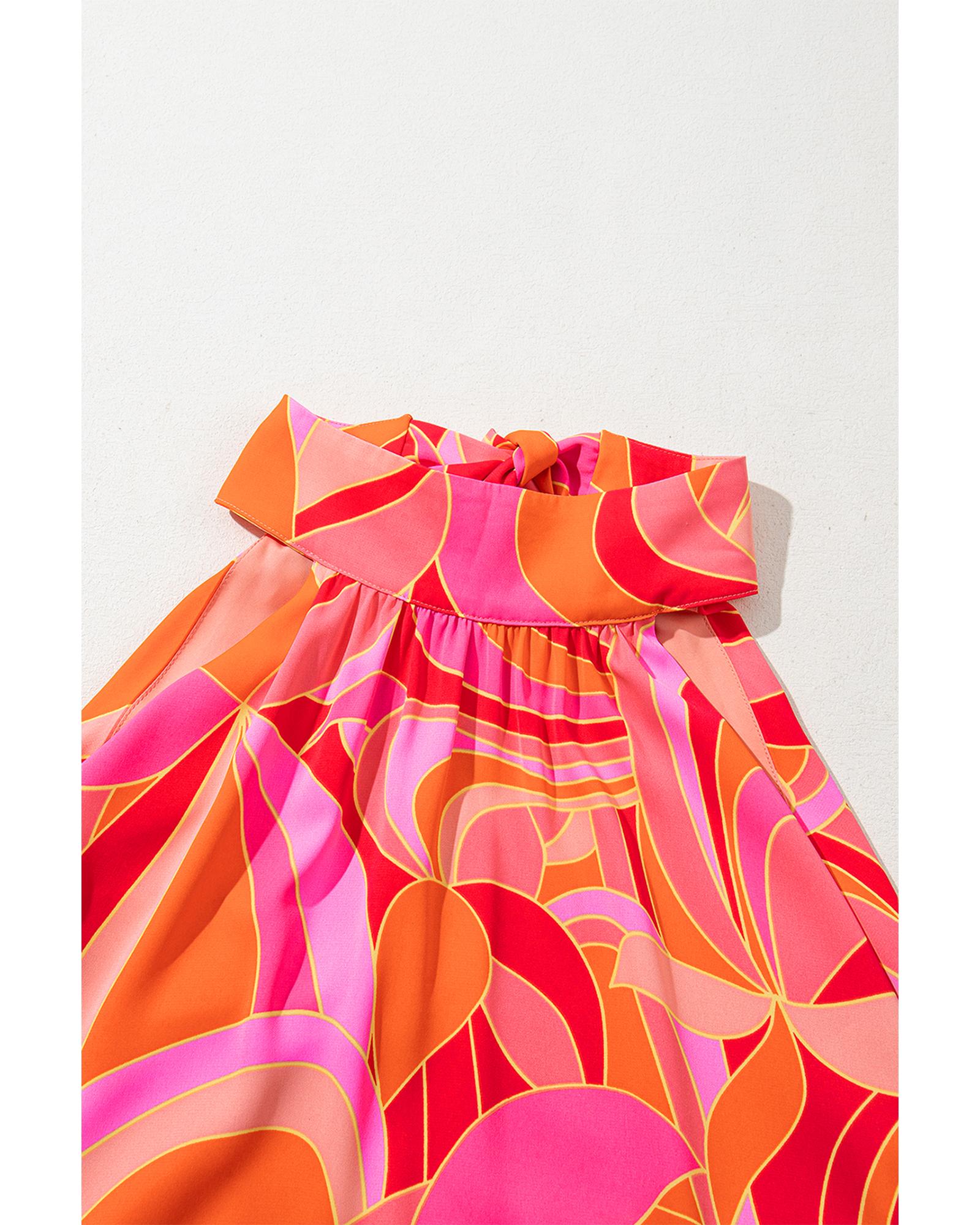 Rose Abstract Printed High Neck Knotted Nape Sleeveless Maxi Dress - L