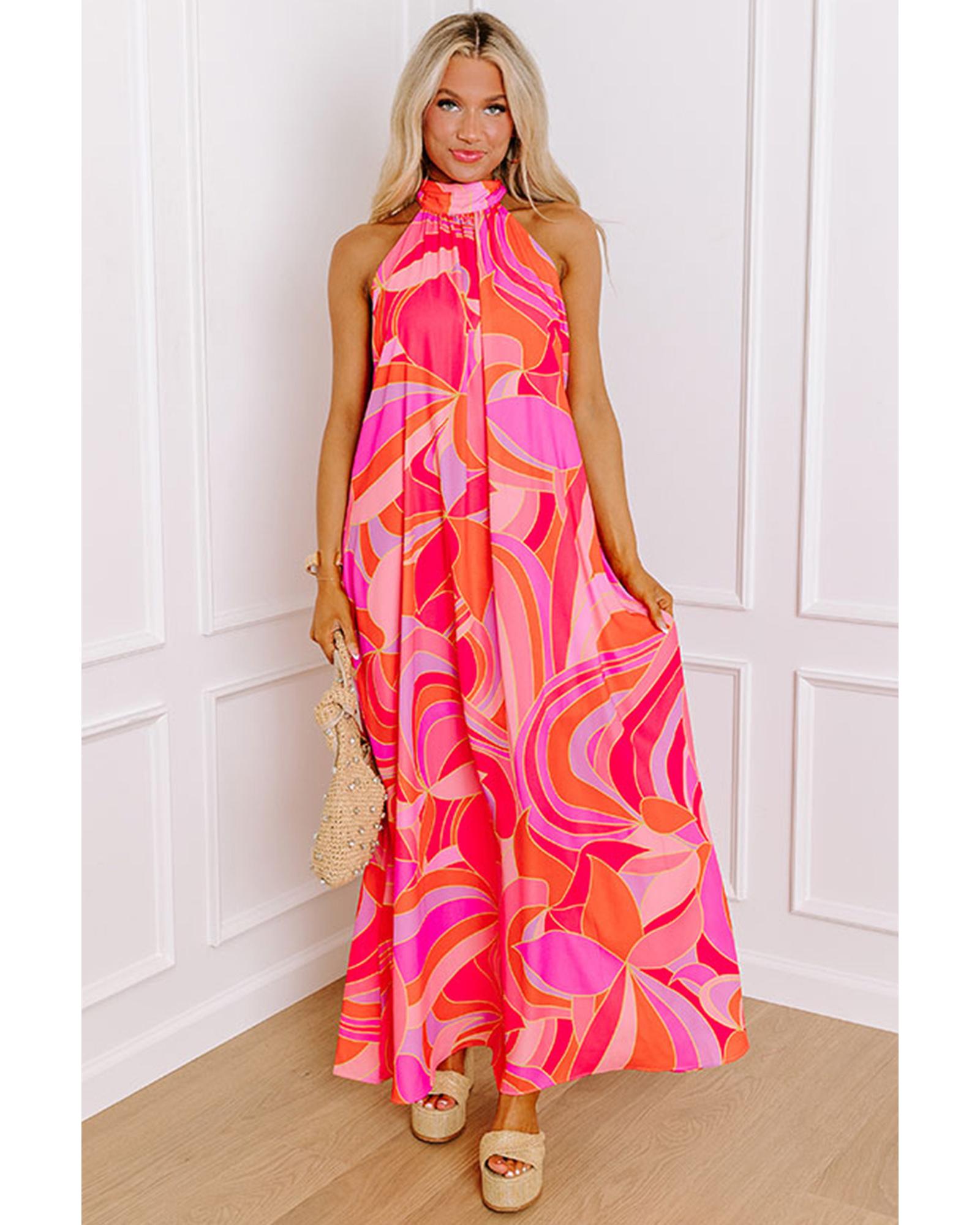 Rose Abstract Printed High Neck Knotted Nape Sleeveless Maxi Dress - L 4