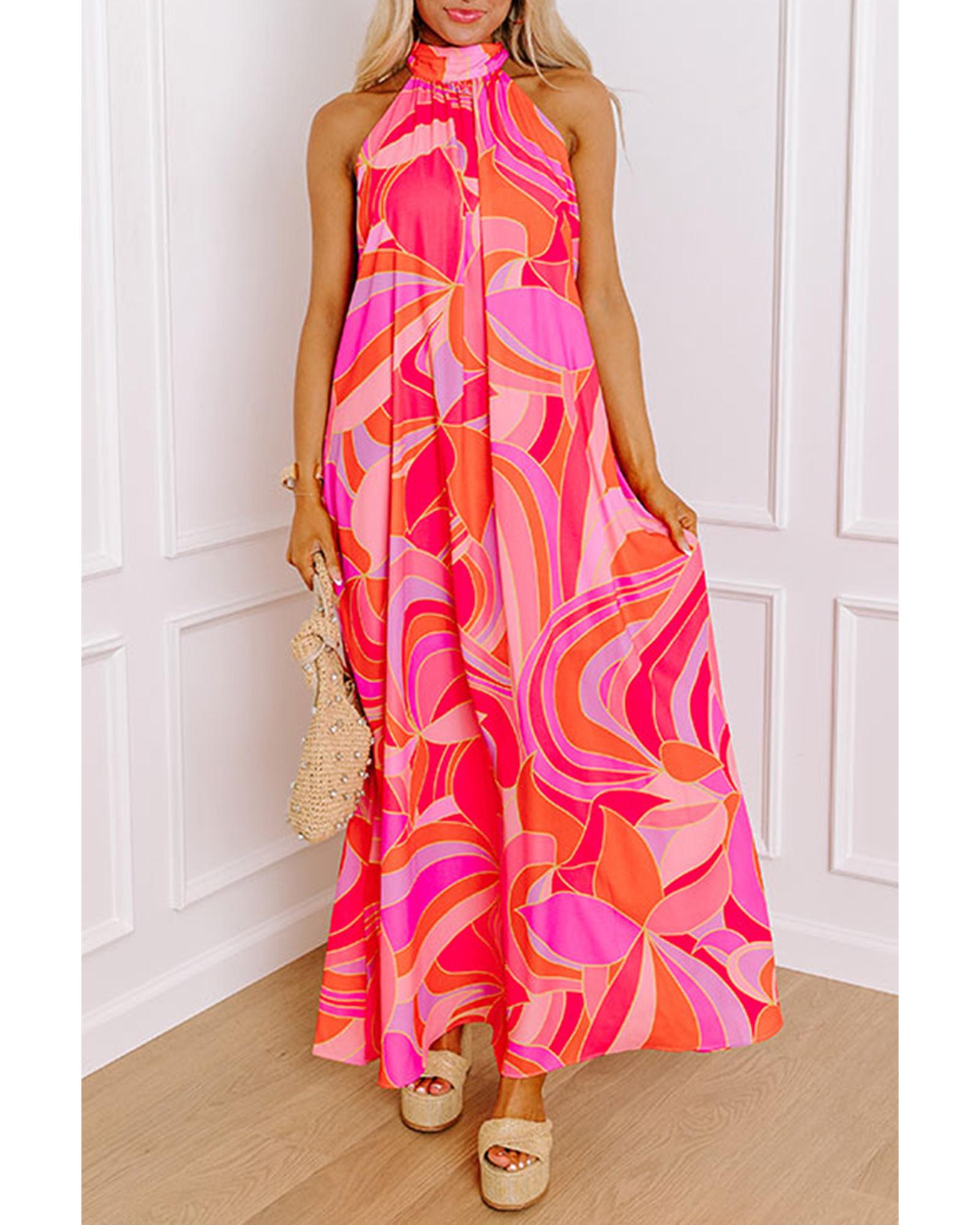 Rose Abstract Printed High Neck Knotted Nape Sleeveless Maxi Dress - L 5