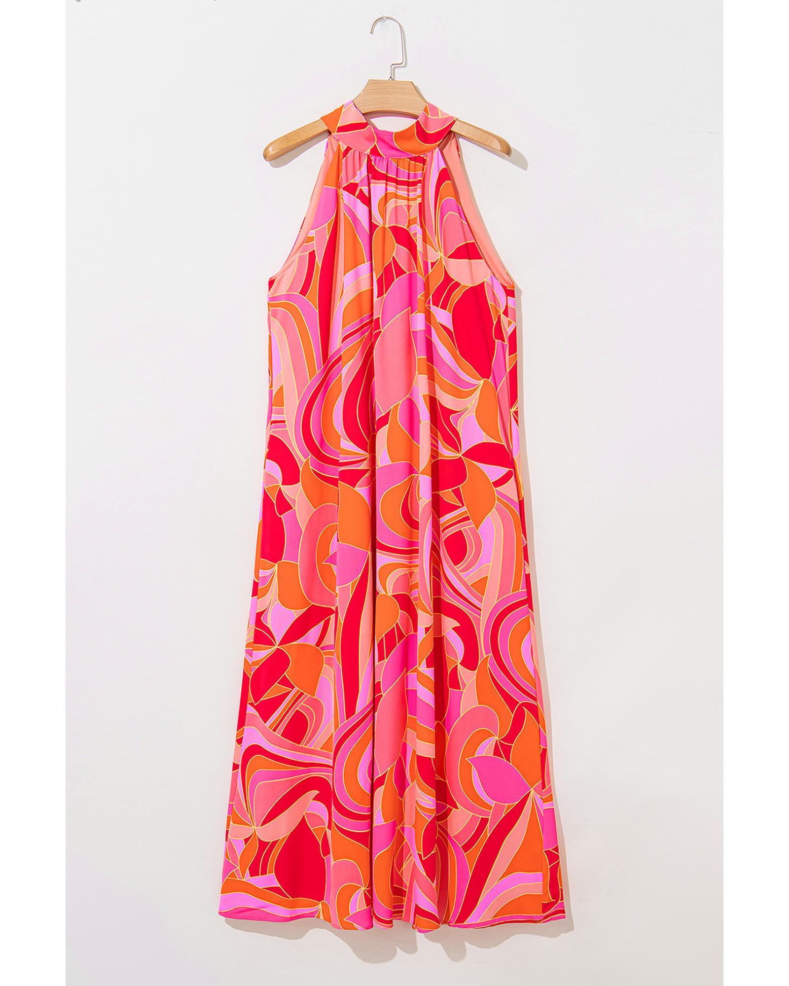Rose Abstract Printed High Neck Knotted Nape Sleeveless Maxi Dress - XL 6