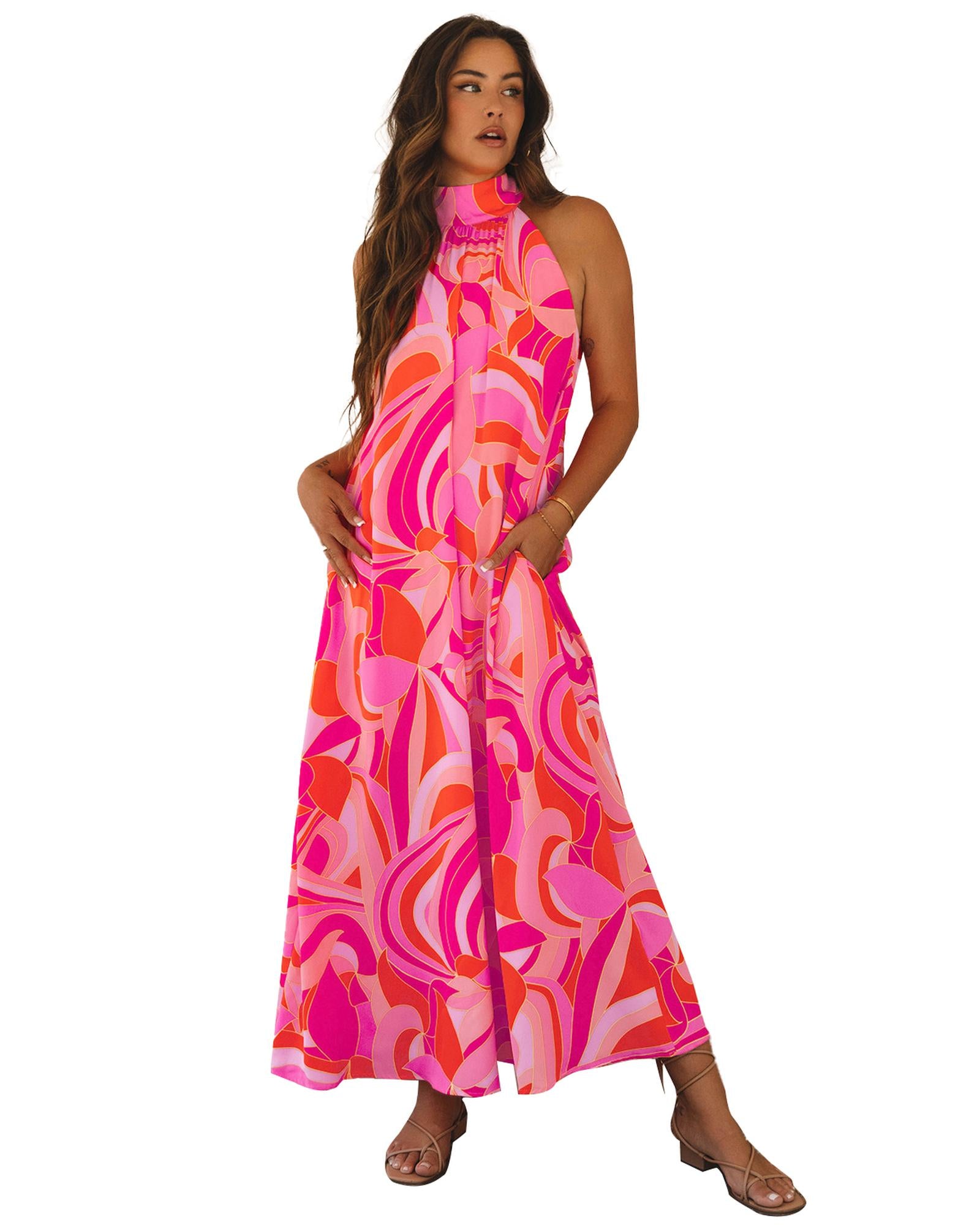 Rose Abstract Printed High Neck Knotted Nape Sleeveless Maxi Dress - XL 7