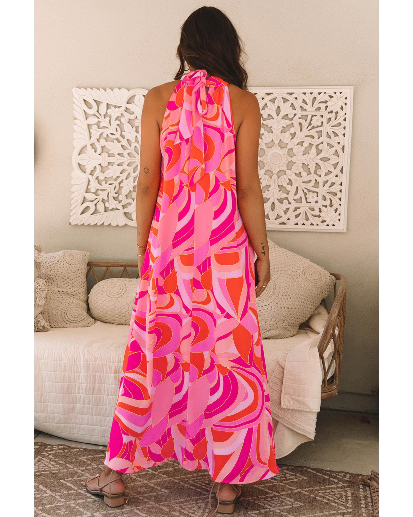 Rose Abstract Printed High Neck Knotted Nape Sleeveless Maxi Dress - XL 8