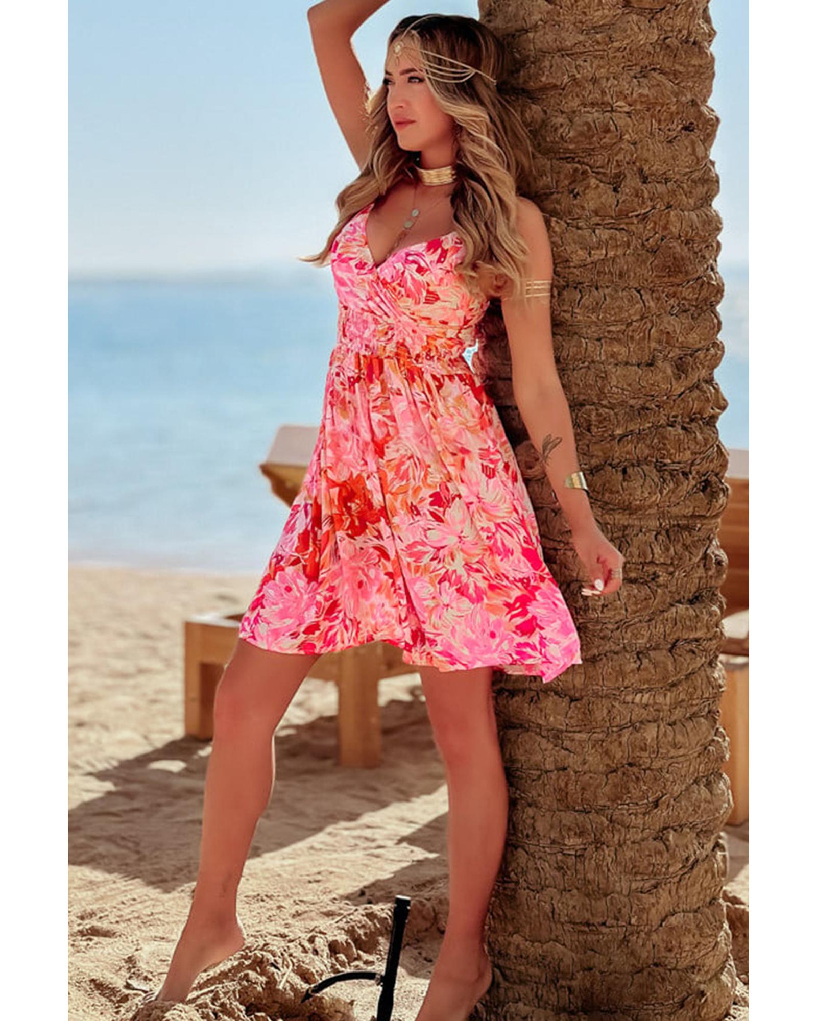 Red Floral Spaghetti Strap Surplice Neck Shirred Waist Mini Dress - L 5