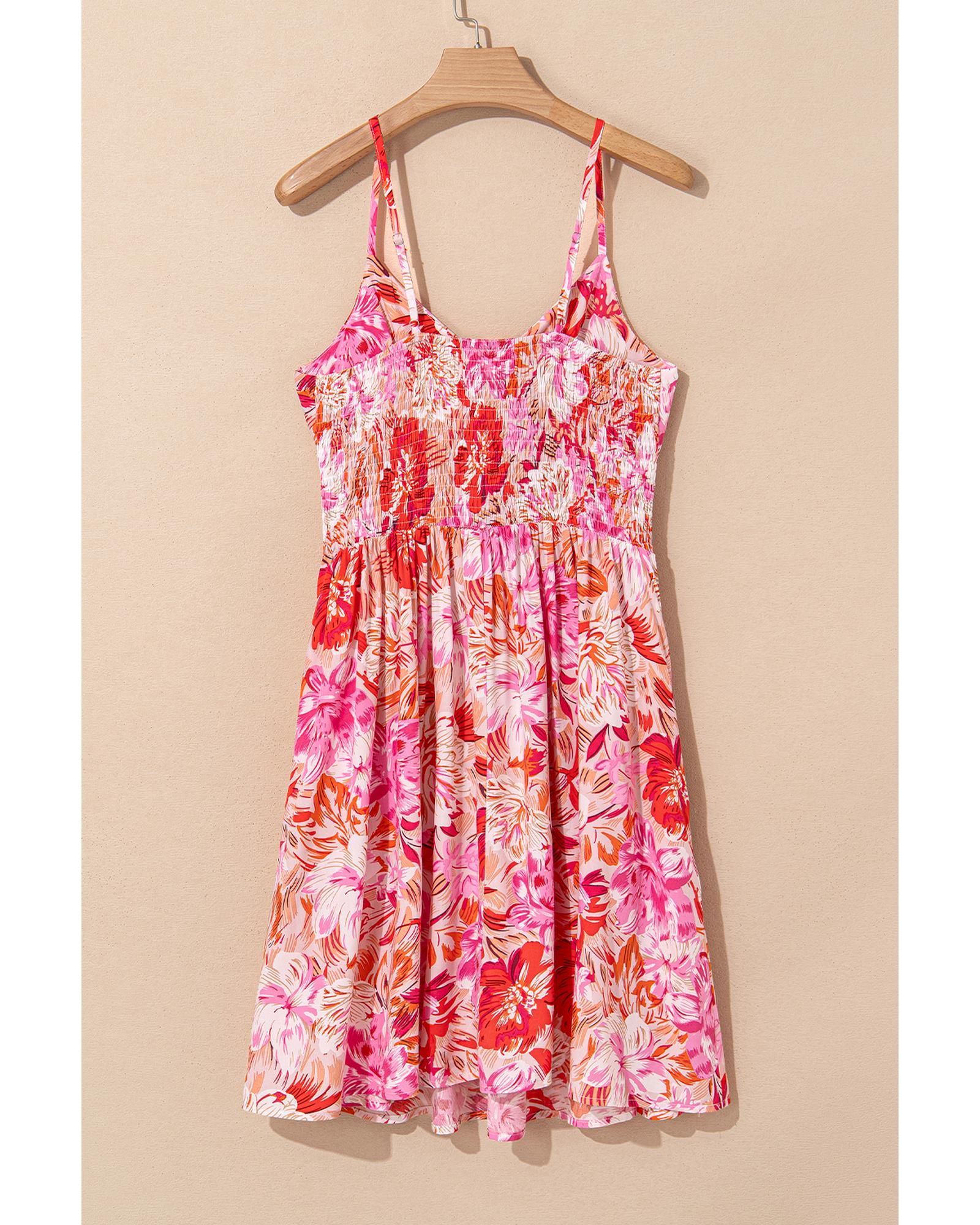 Red Floral Spaghetti Strap Surplice Neck Shirred Waist Mini Dress - L 8