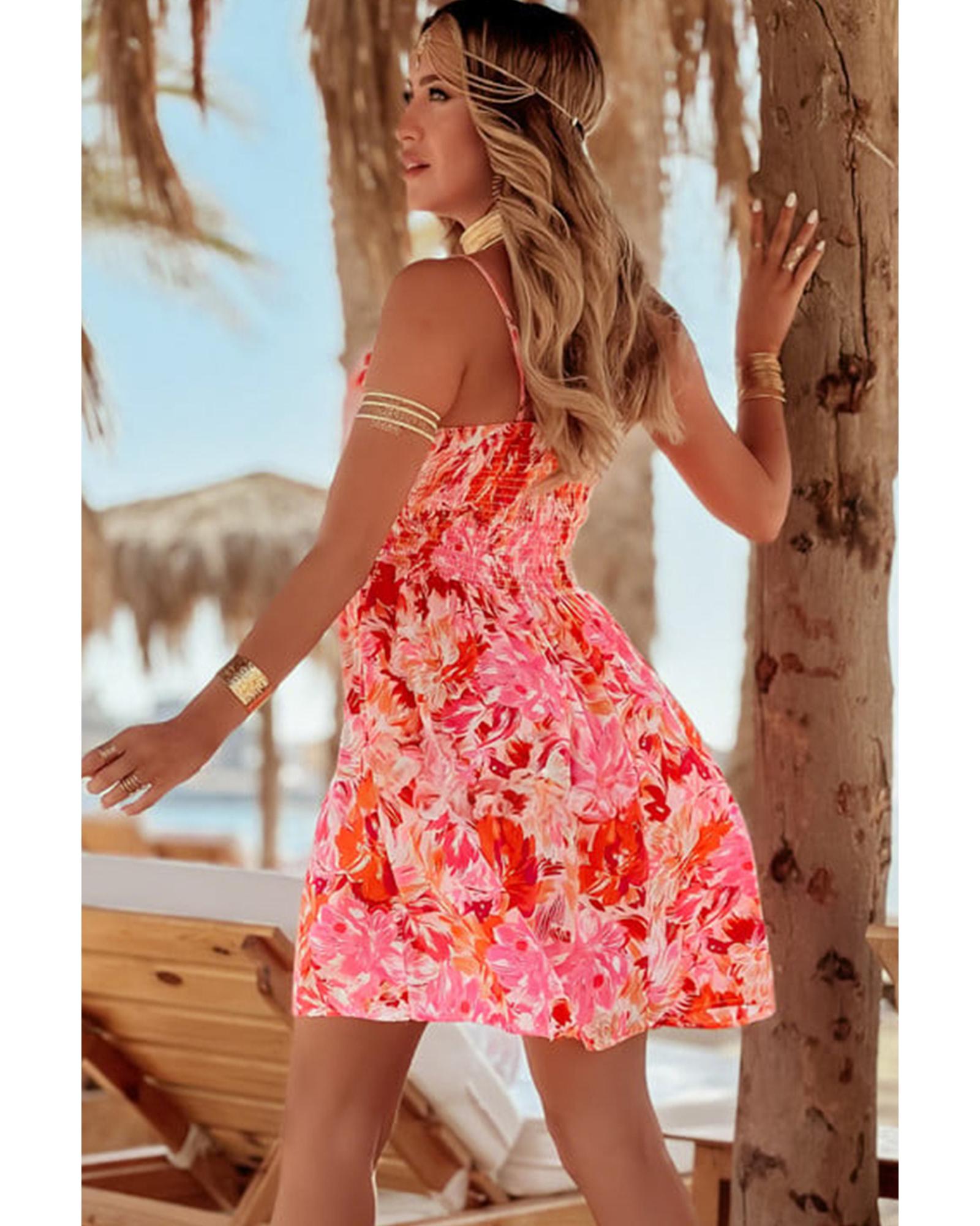 Red Floral Spaghetti Strap Surplice Neck Shirred Waist Mini Dress - M