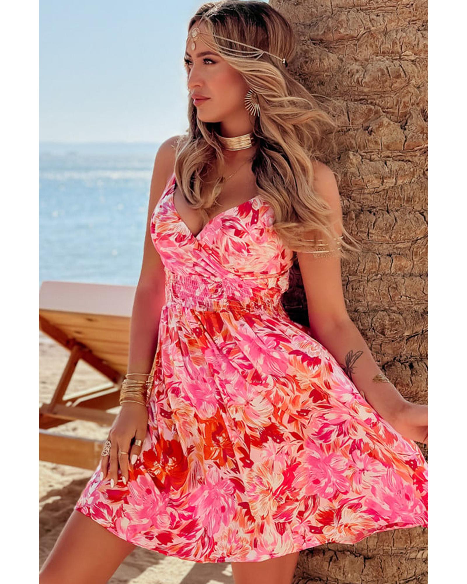 Red Floral Spaghetti Strap Surplice Neck Shirred Waist Mini Dress - M 3