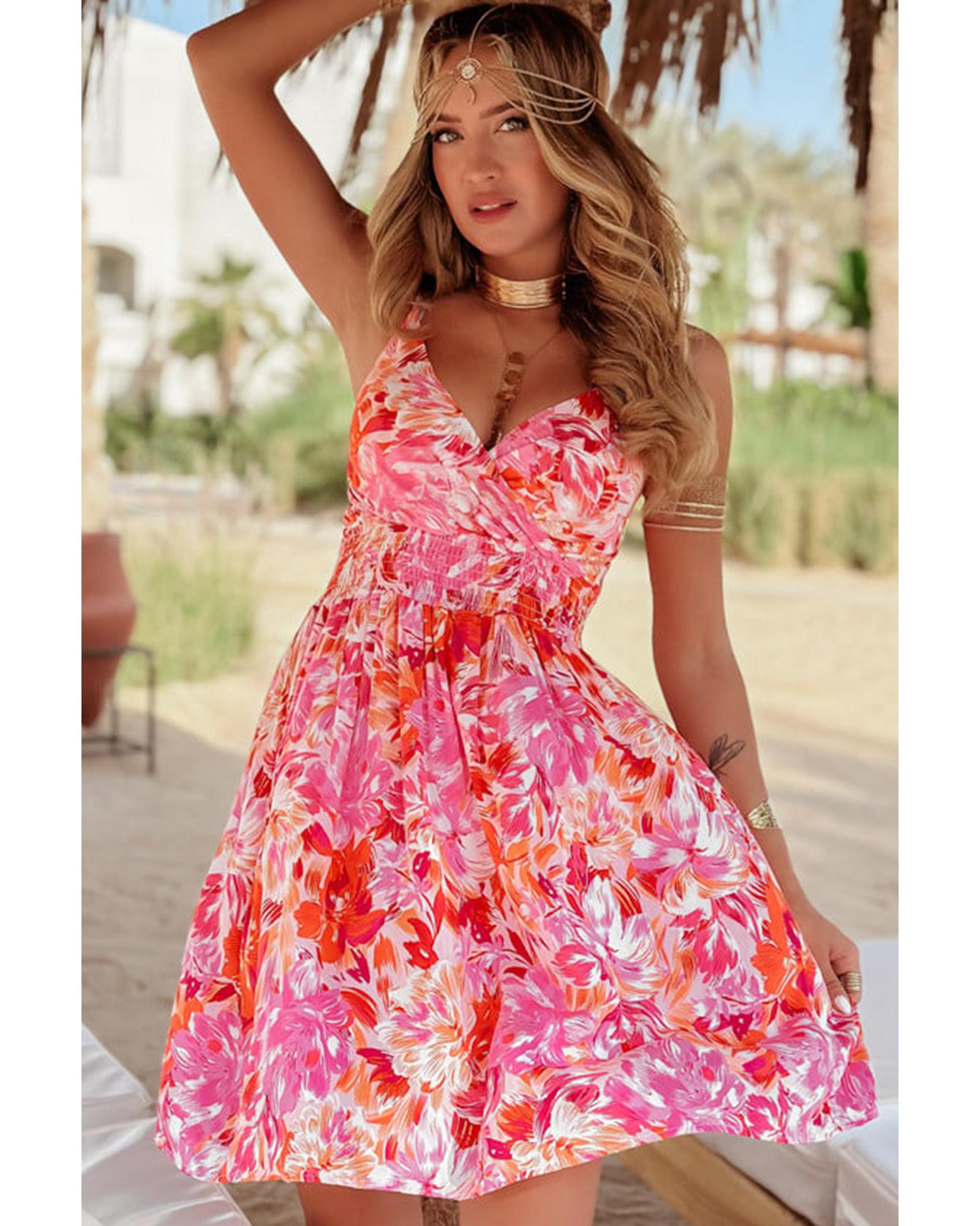 Red Floral Spaghetti Strap Surplice Neck Shirred Waist Mini Dress - M 6