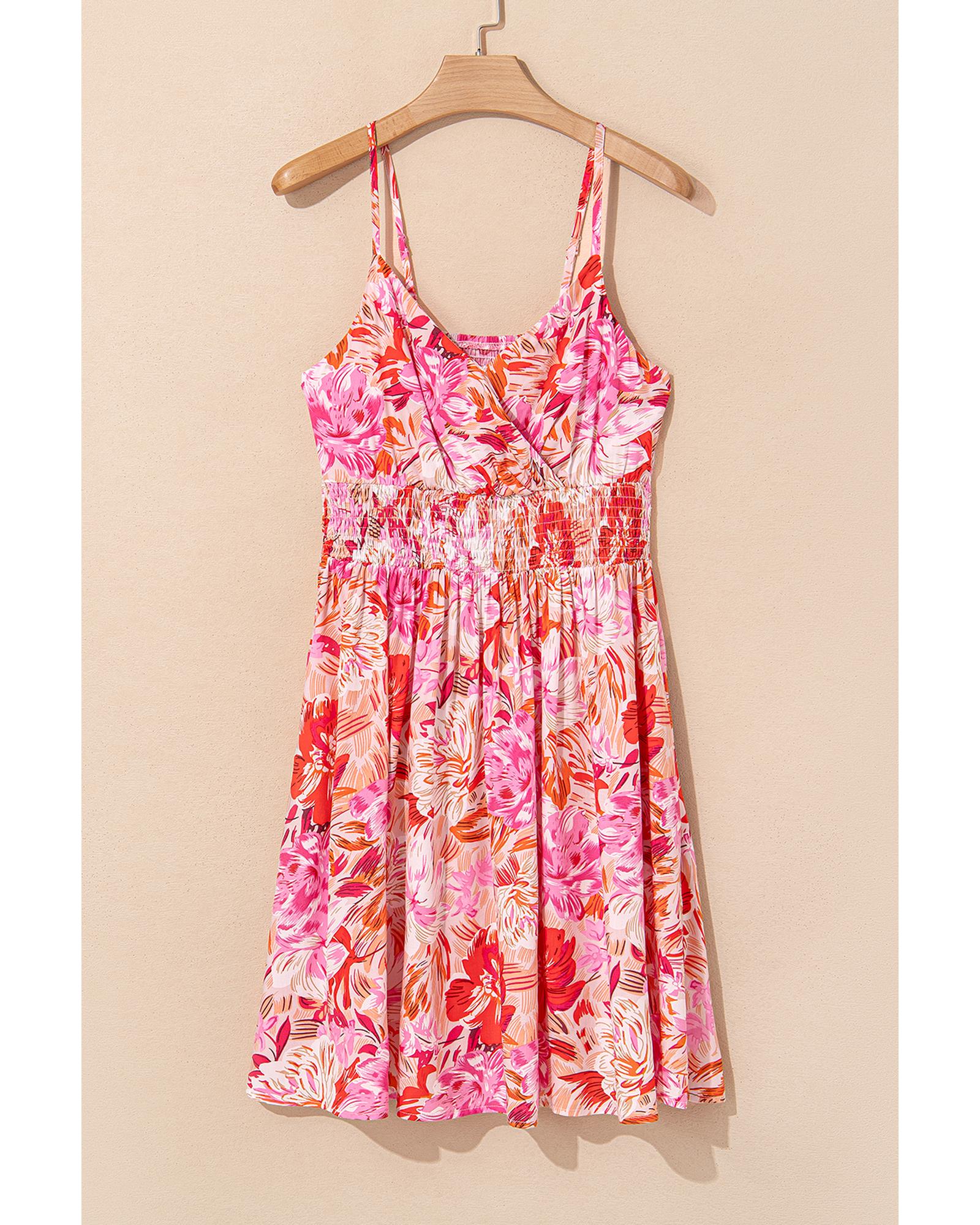 Red Floral Spaghetti Strap Surplice Neck Shirred Waist Mini Dress - M 7