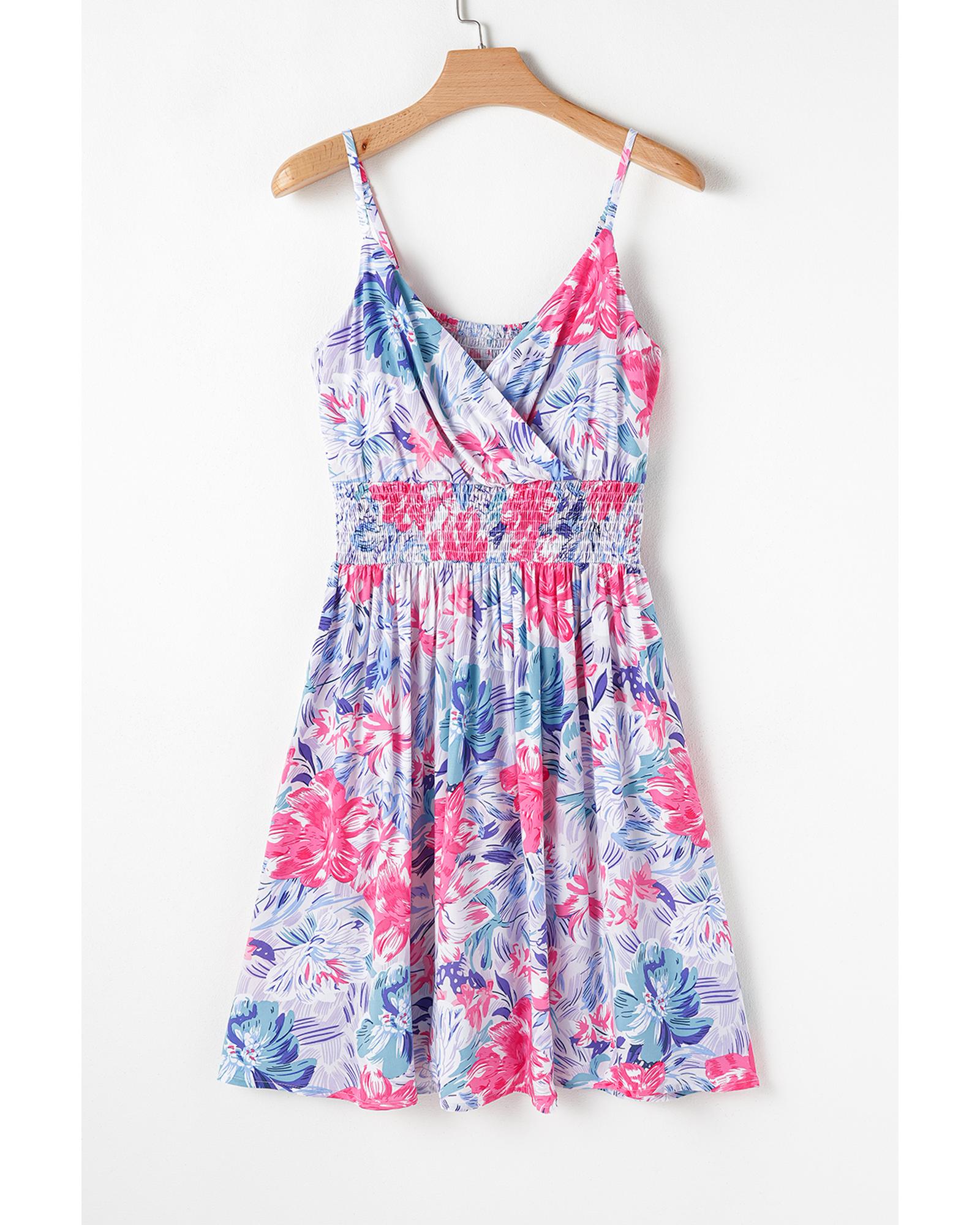 Sky Blue Floral Spaghetti Strap Surplice Neck Shirred Waist Mini Dress - L 6