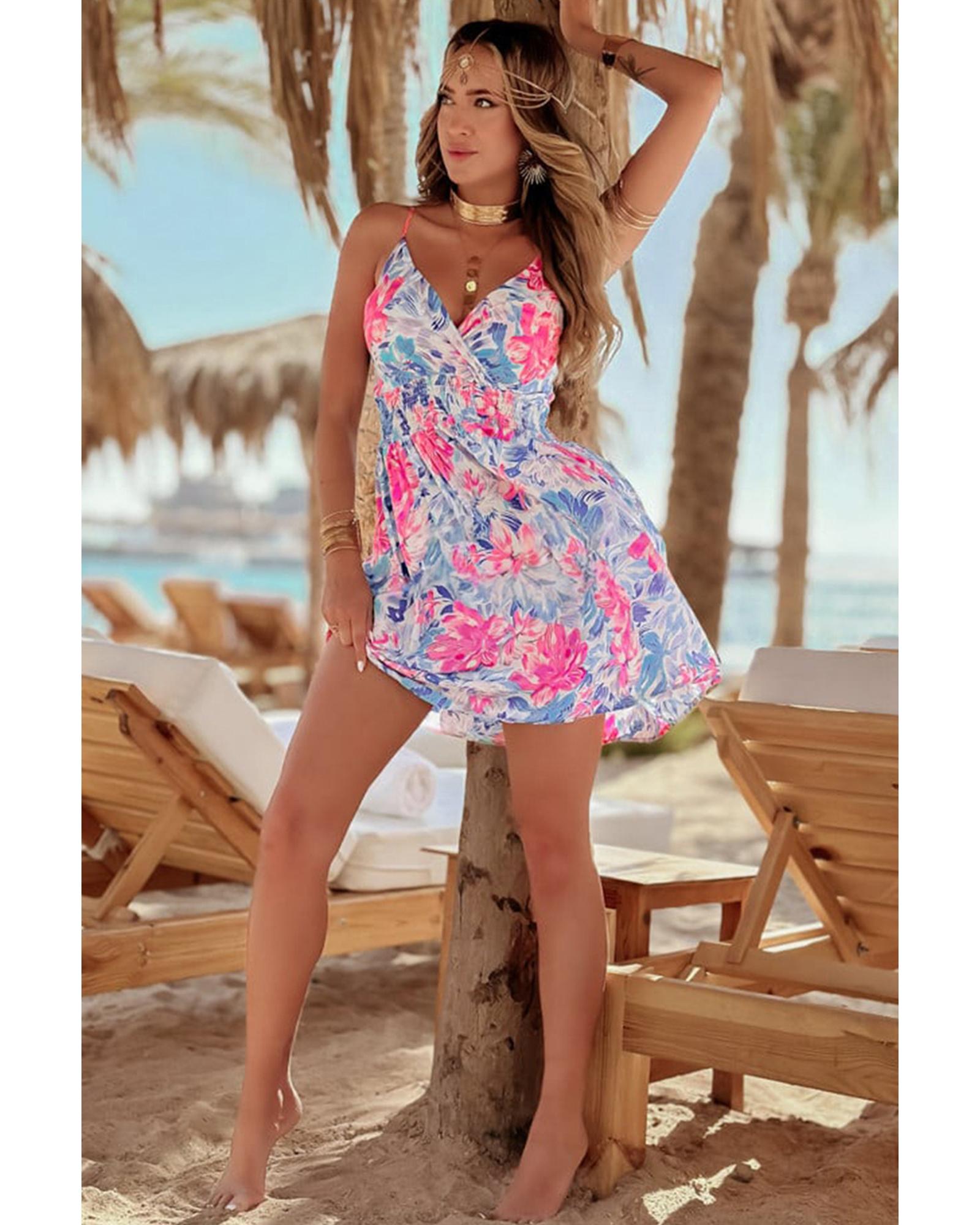 Sky Blue Floral Spaghetti Strap Surplice Neck Shirred Waist Mini Dress - XL 6