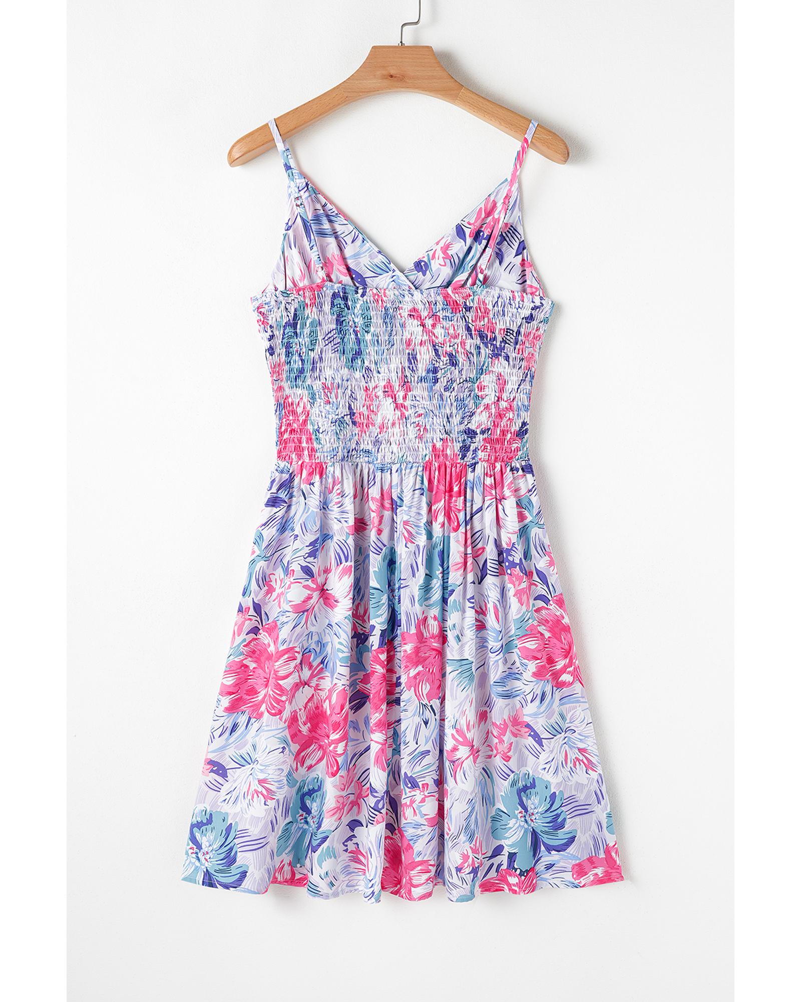 Sky Blue Floral Spaghetti Strap Surplice Neck Shirred Waist Mini Dress - XL 8