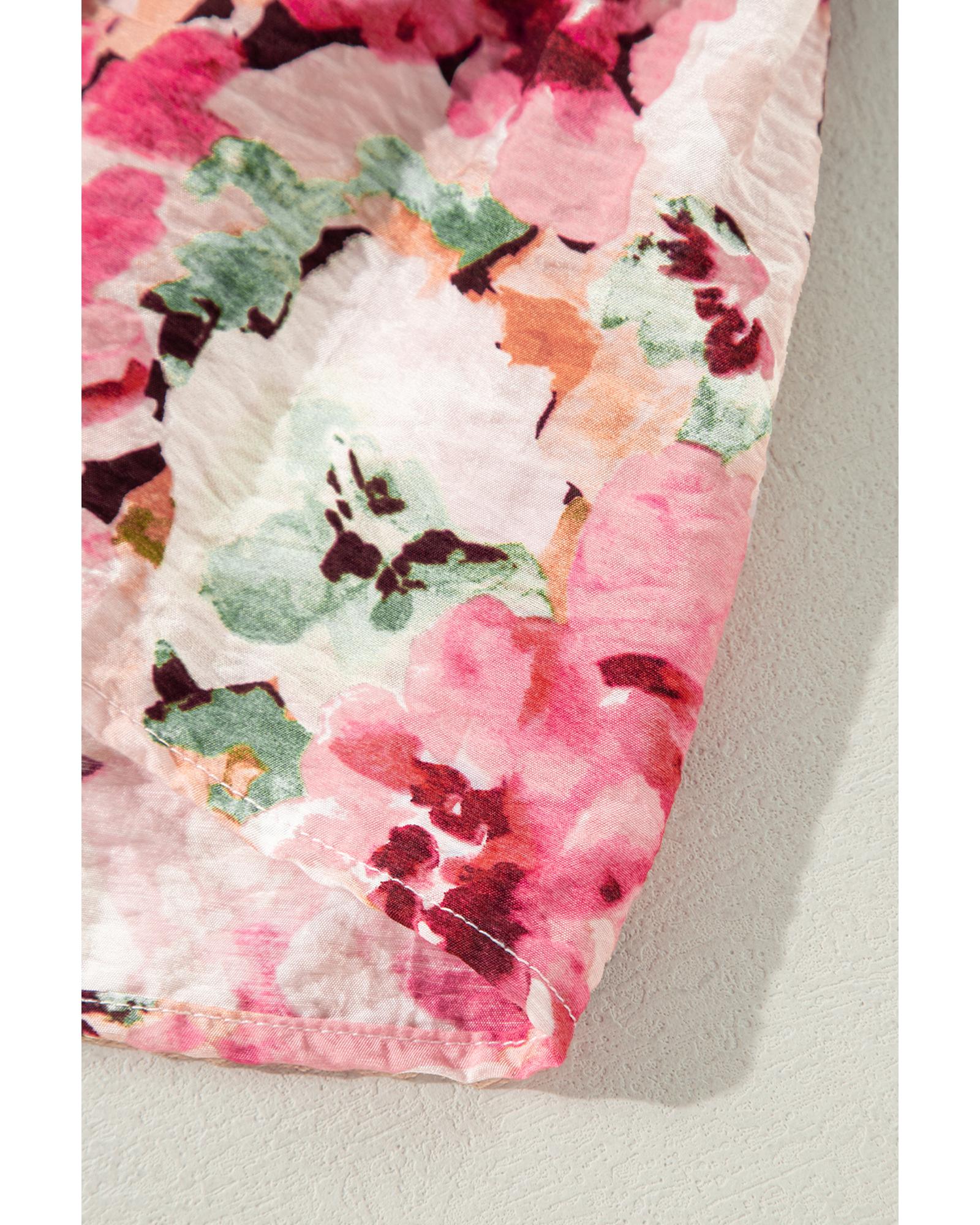 Pink Floral Sleeveless Halter Neck Shirred Back Ruffled Mini Dress - L