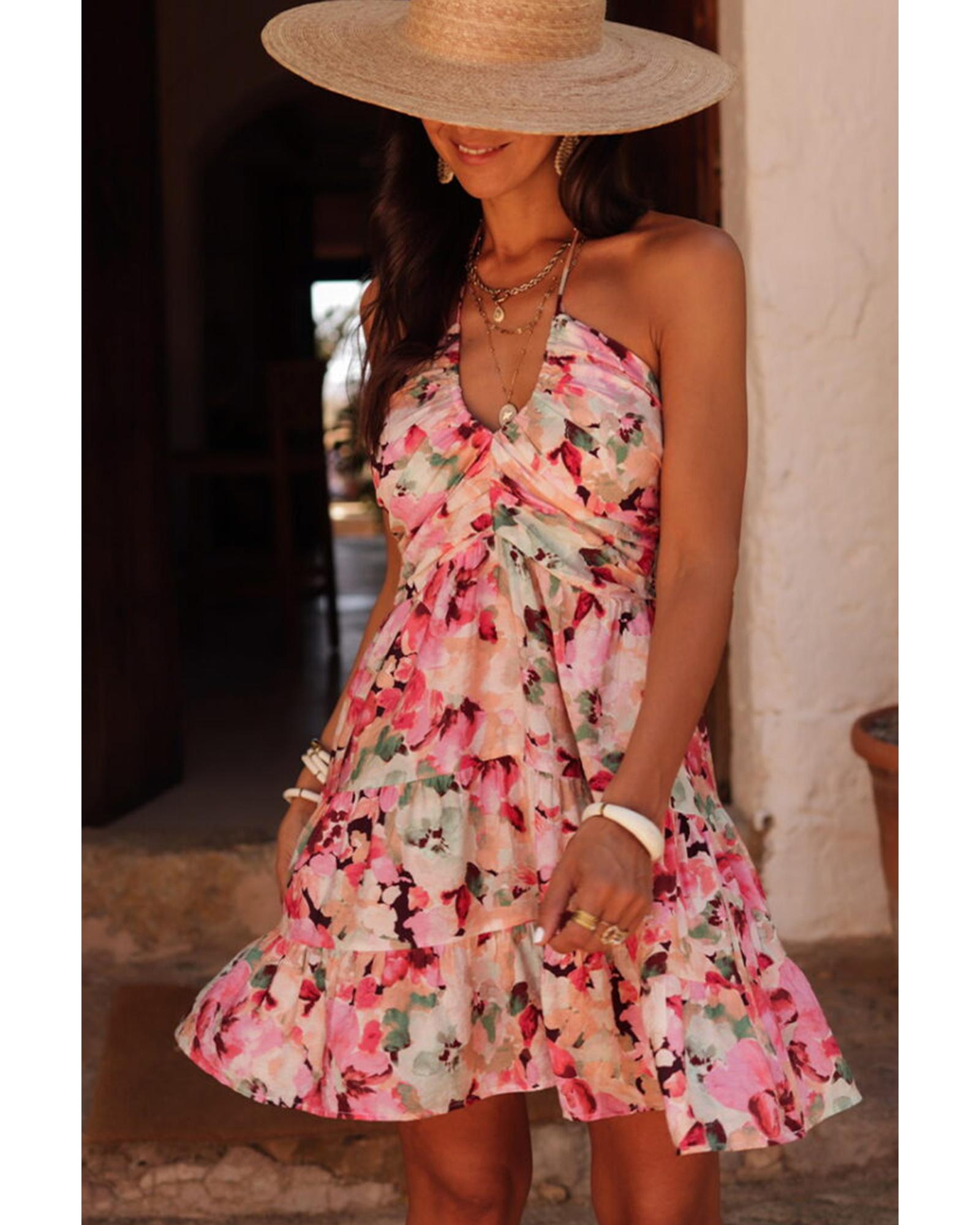 Pink Floral Sleeveless Halter Neck Shirred Back Ruffled Mini Dress - L 3