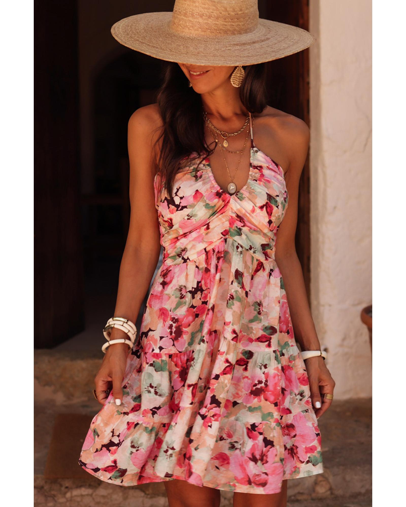Pink Floral Sleeveless Halter Neck Shirred Back Ruffled Mini Dress - L 4