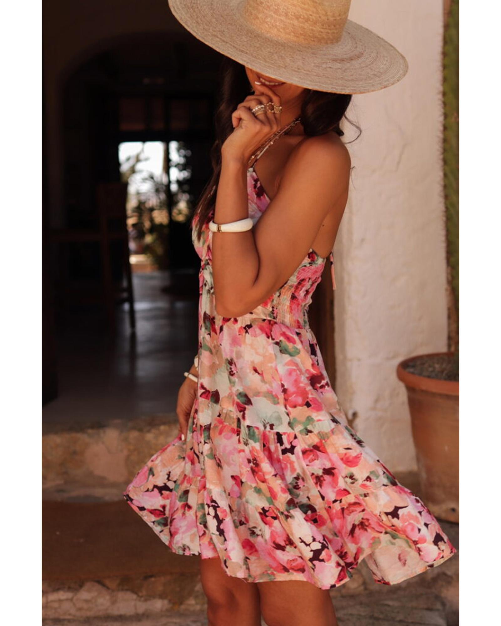 Pink Floral Sleeveless Halter Neck Shirred Back Ruffled Mini Dress - XL 6